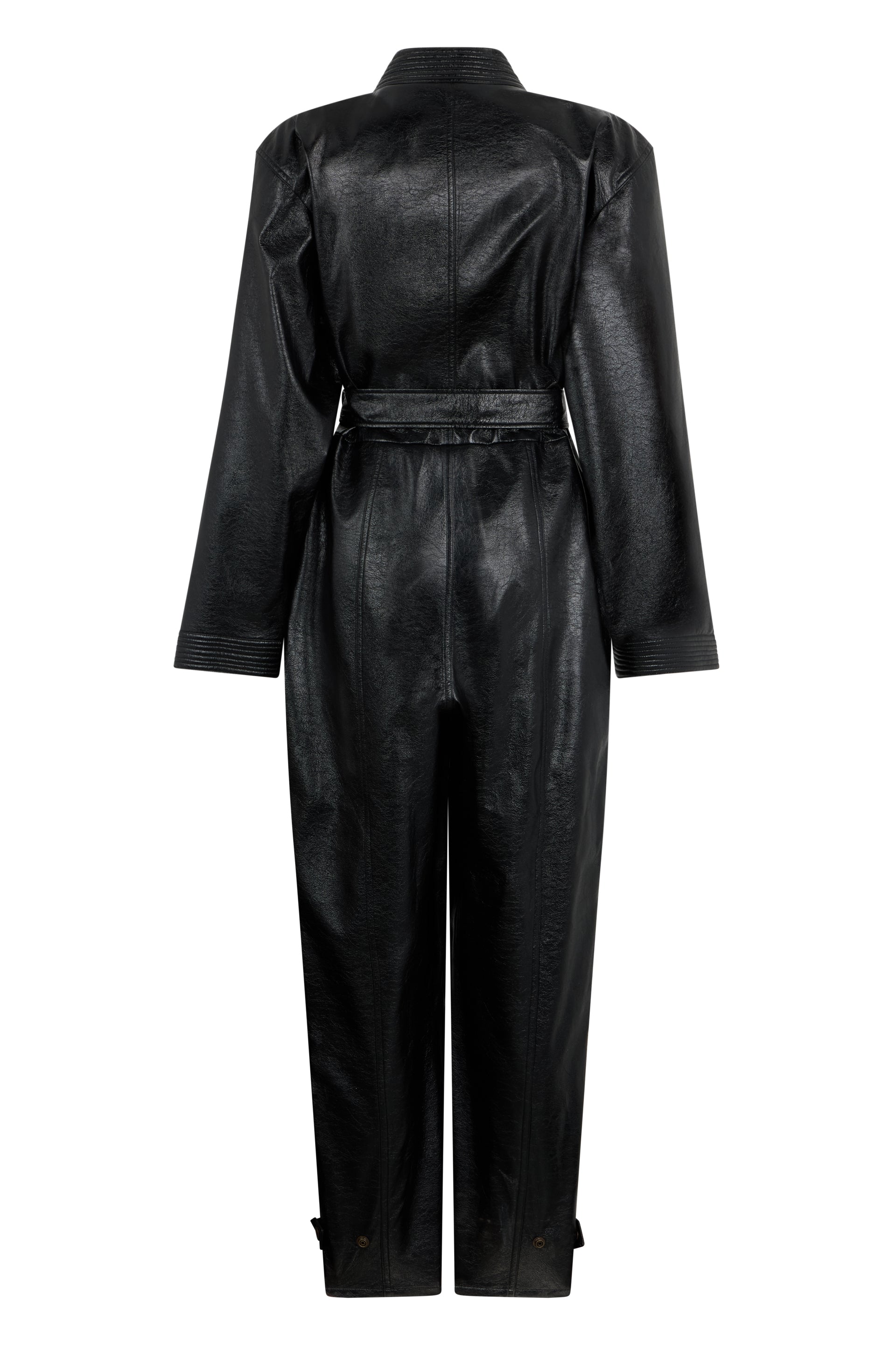 Elegant black jumpsuit in eco-leather with buttons and pockets.