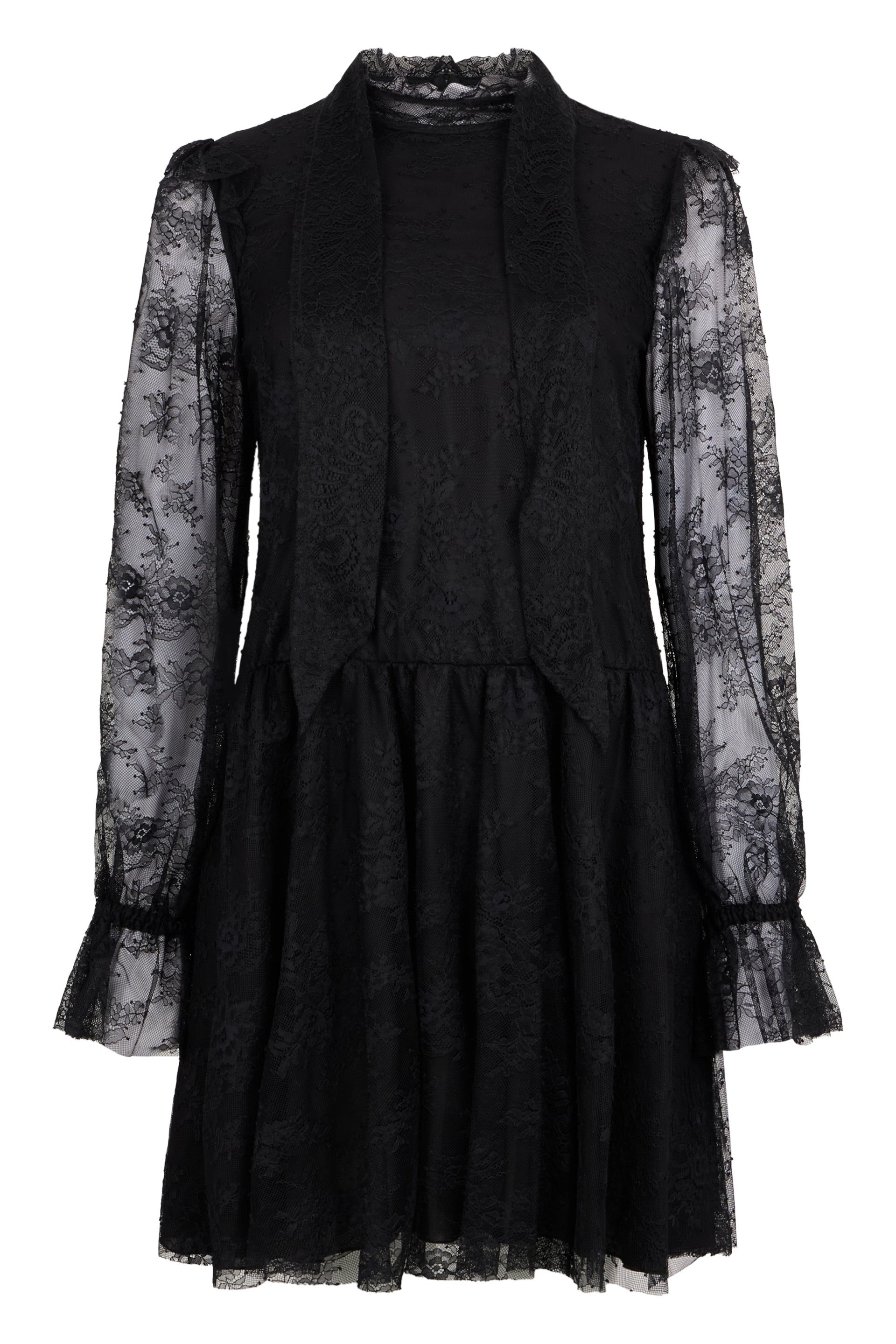Elegant black dress with lace sleeves.