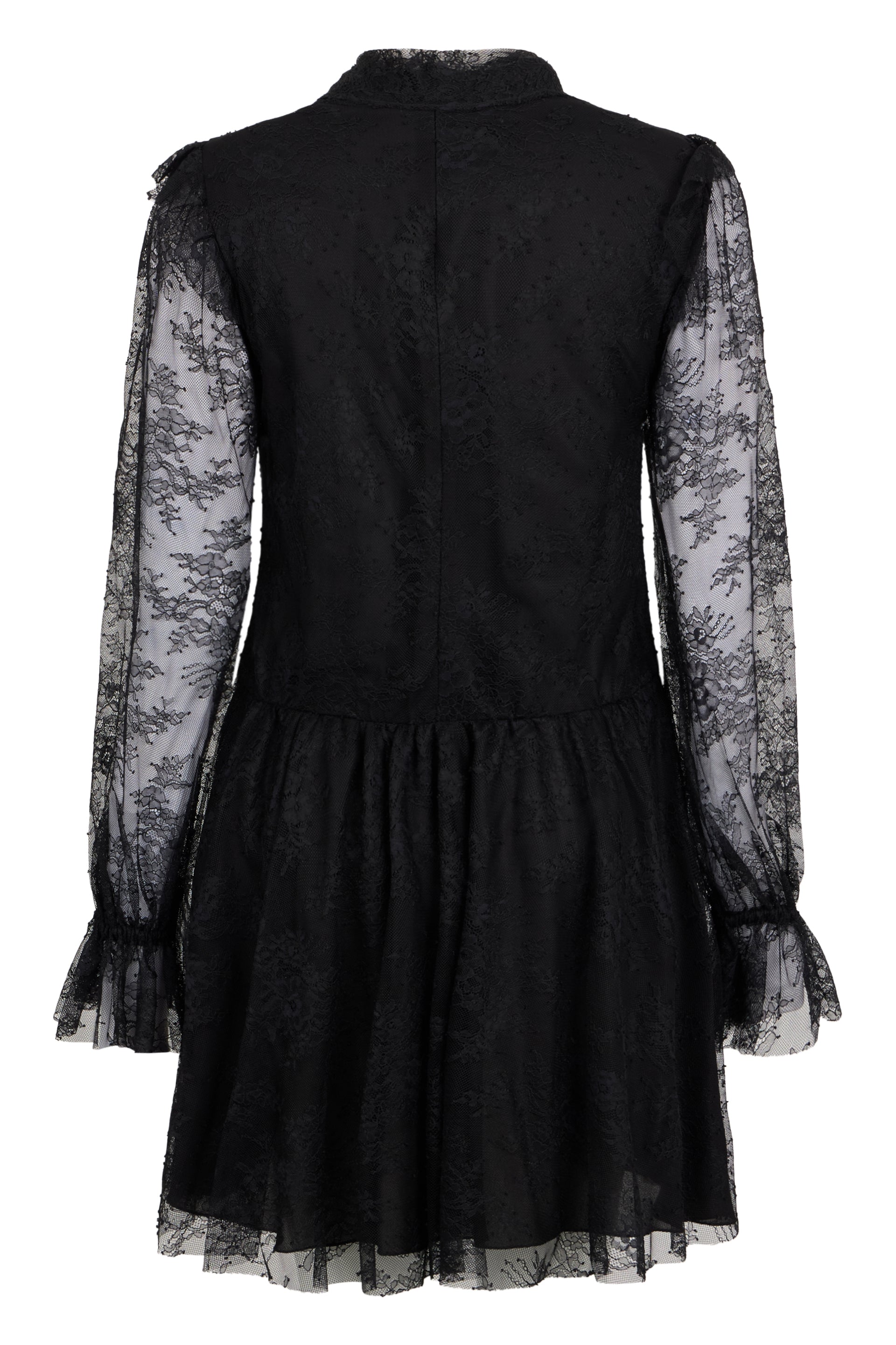 Elegant black dress with lace sleeves.