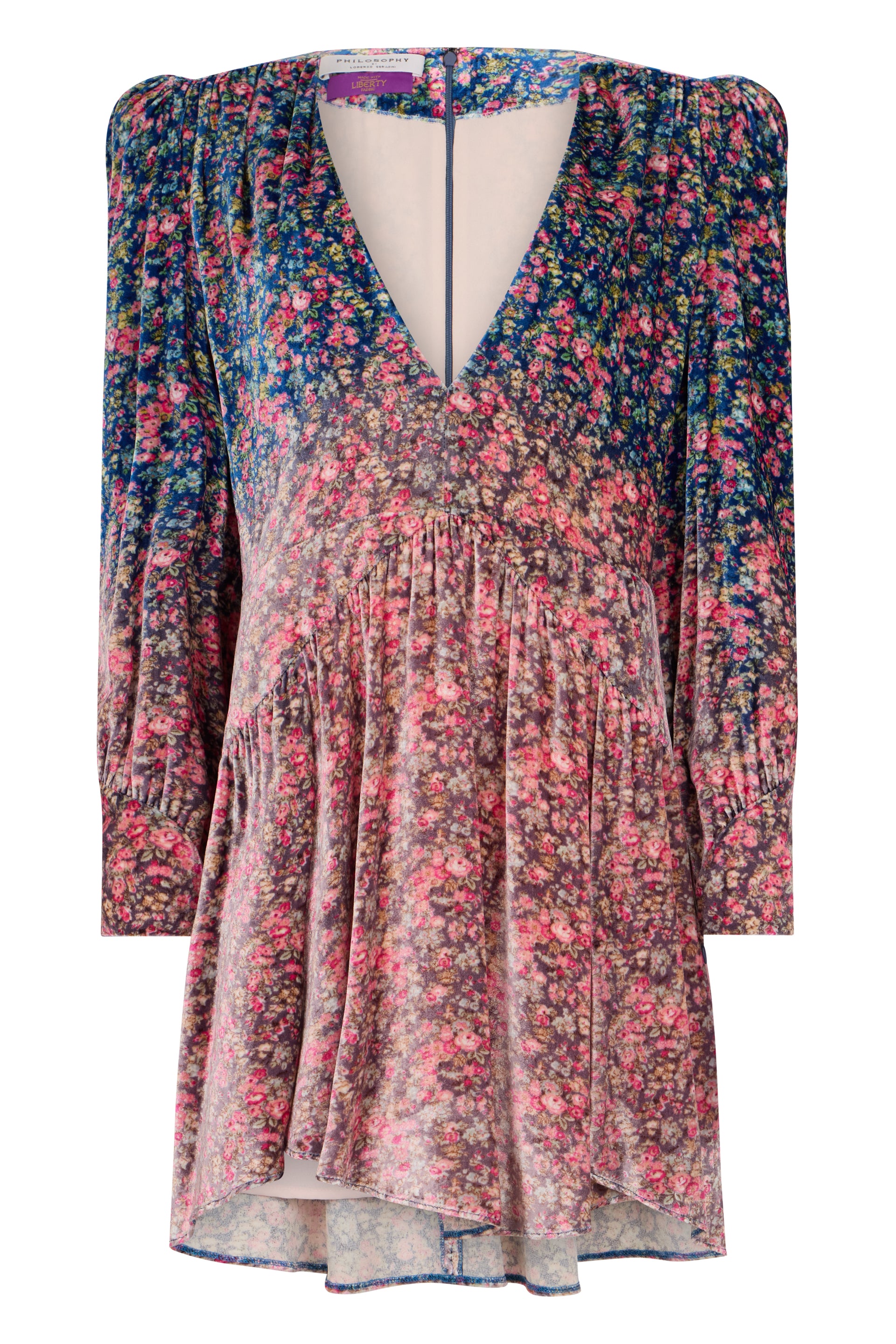 Flowy dress with floral pattern and V-neck.