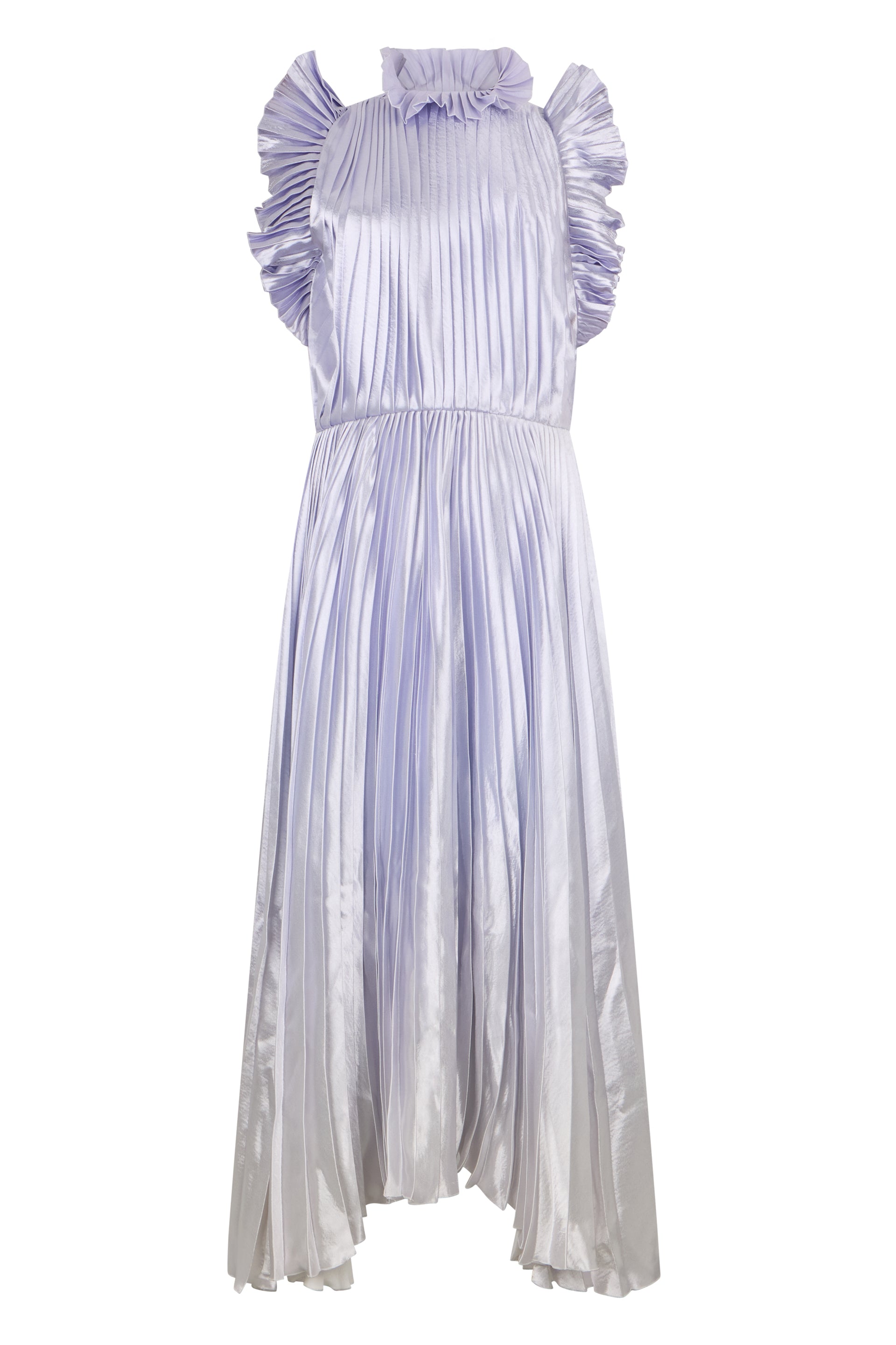 Long lilac dress with puff sleeves.