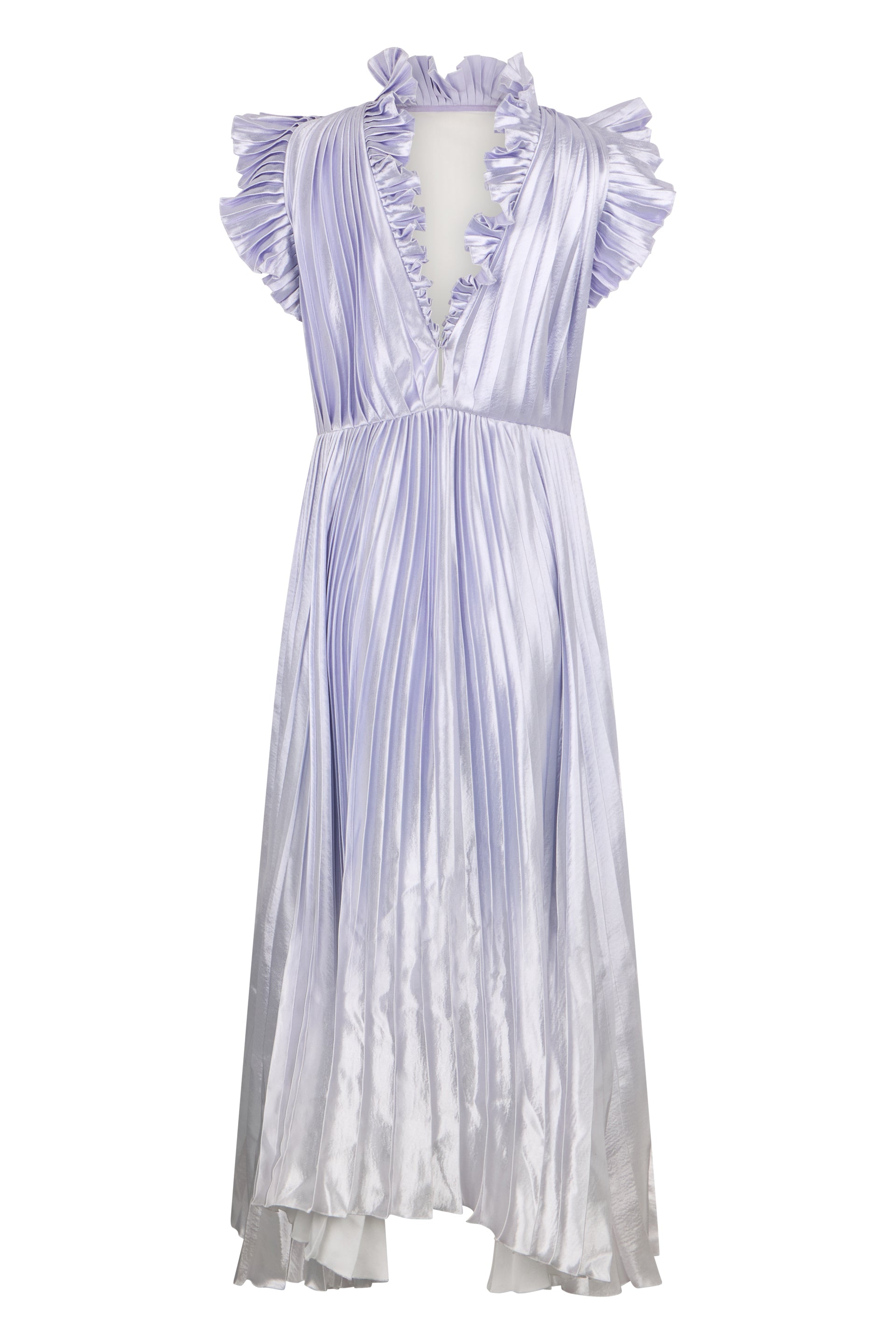 Long lilac dress with puff sleeves.