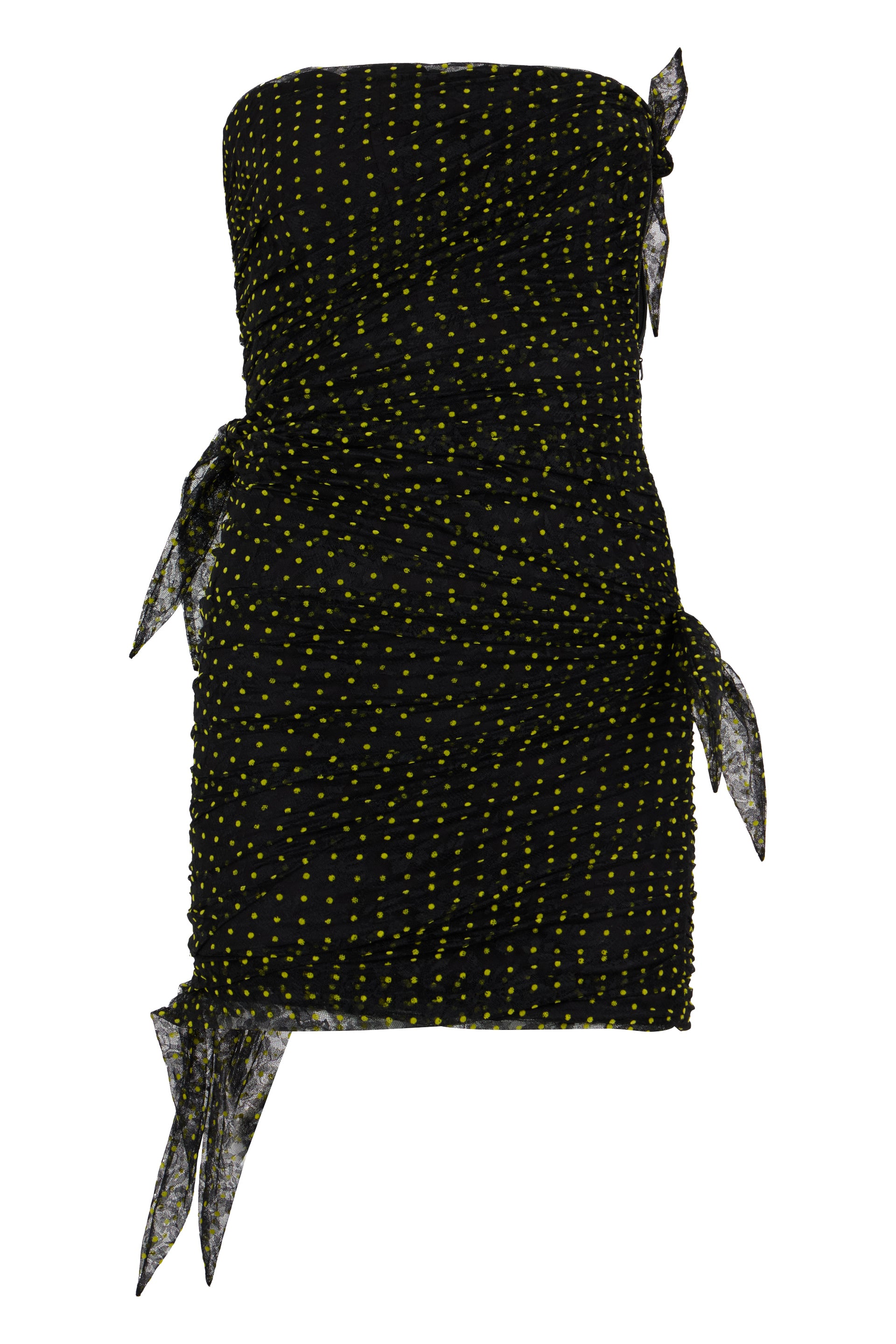 Black sleeveless mini dress with yellow polka dots.