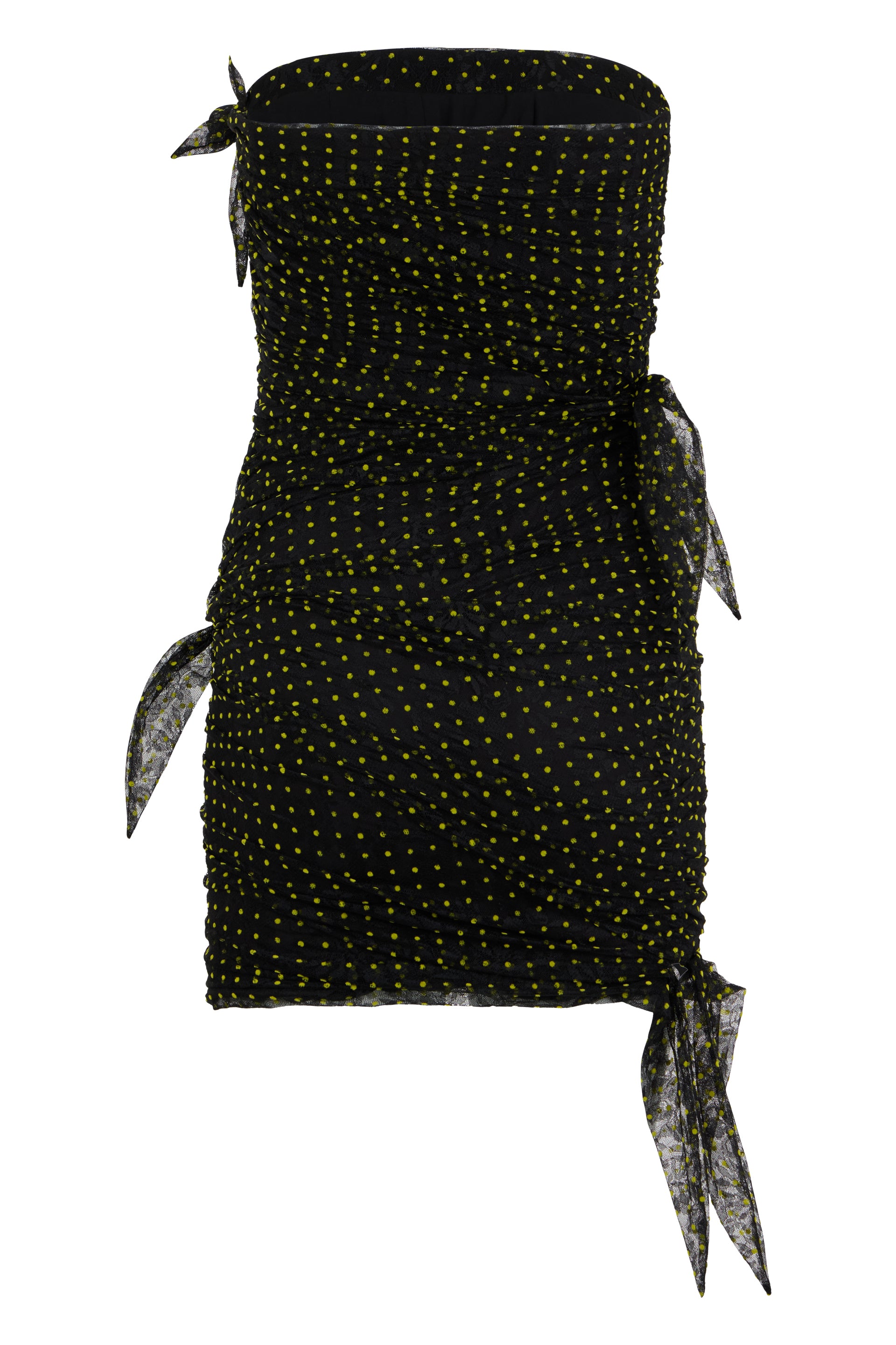 Black sleeveless mini dress with yellow polka dots.