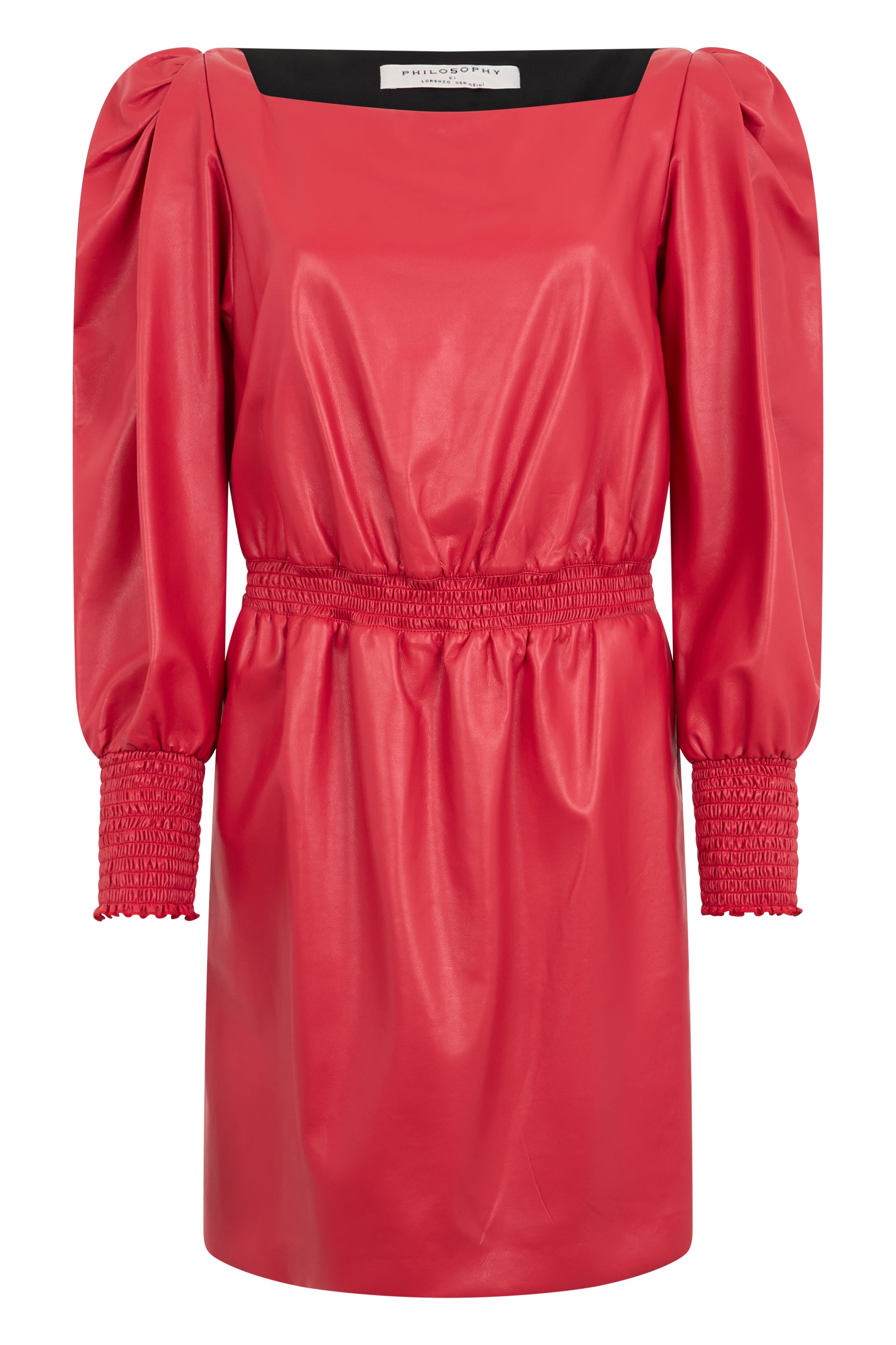 Modern red midi dress with flared sleeves and elegant design.