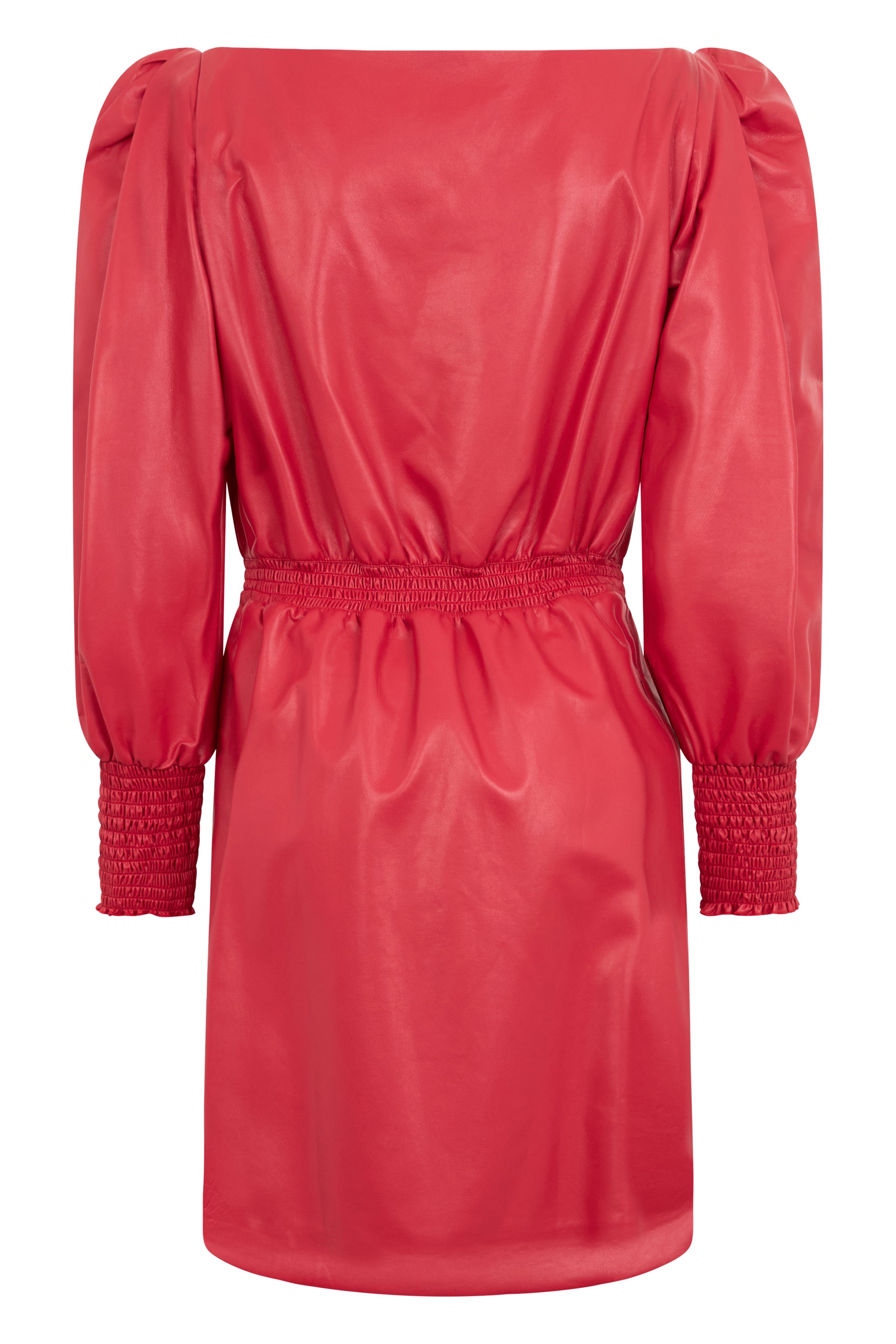 Modern red midi dress with flared sleeves and elegant design.