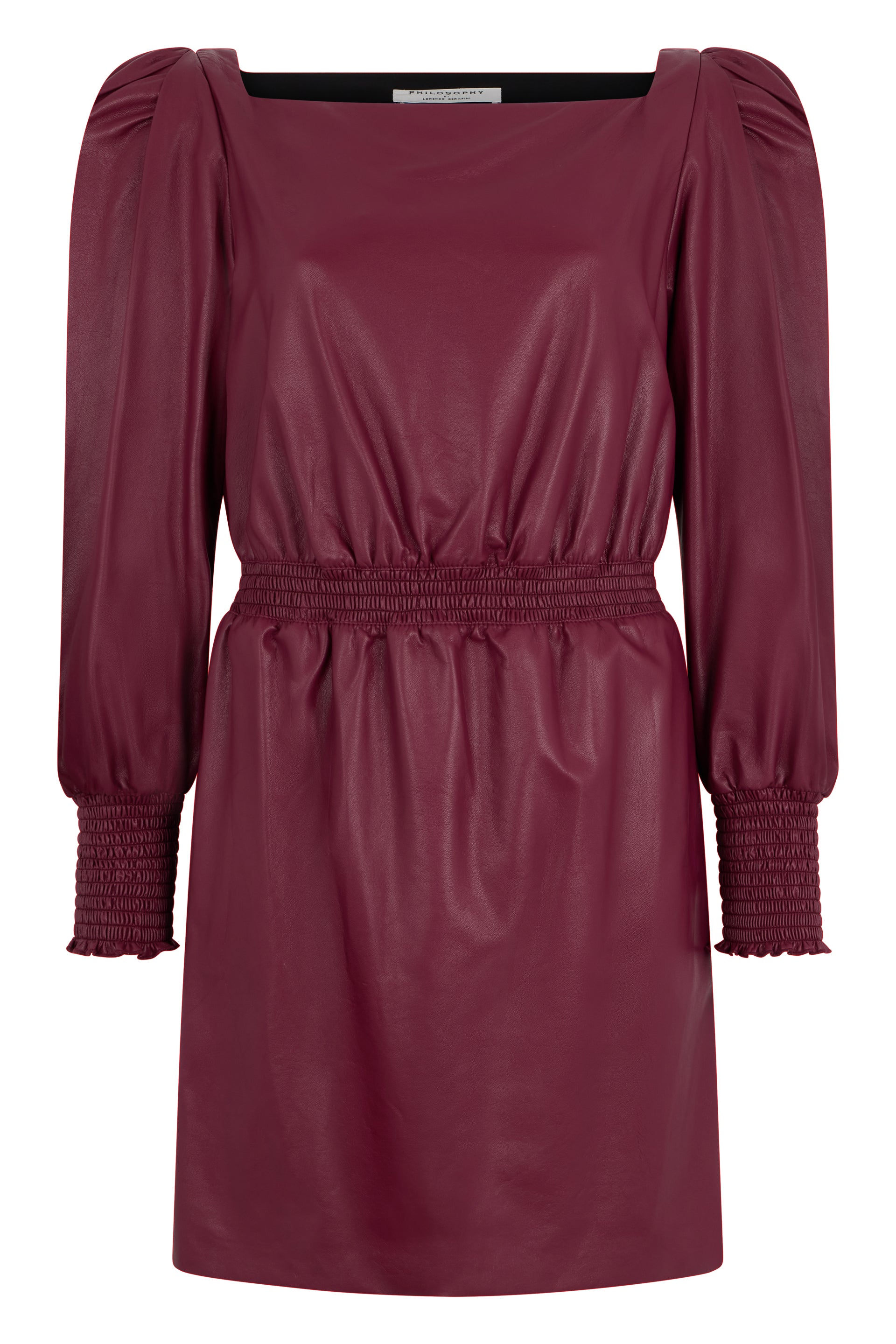 Elegant burgundy dress with square neckline.