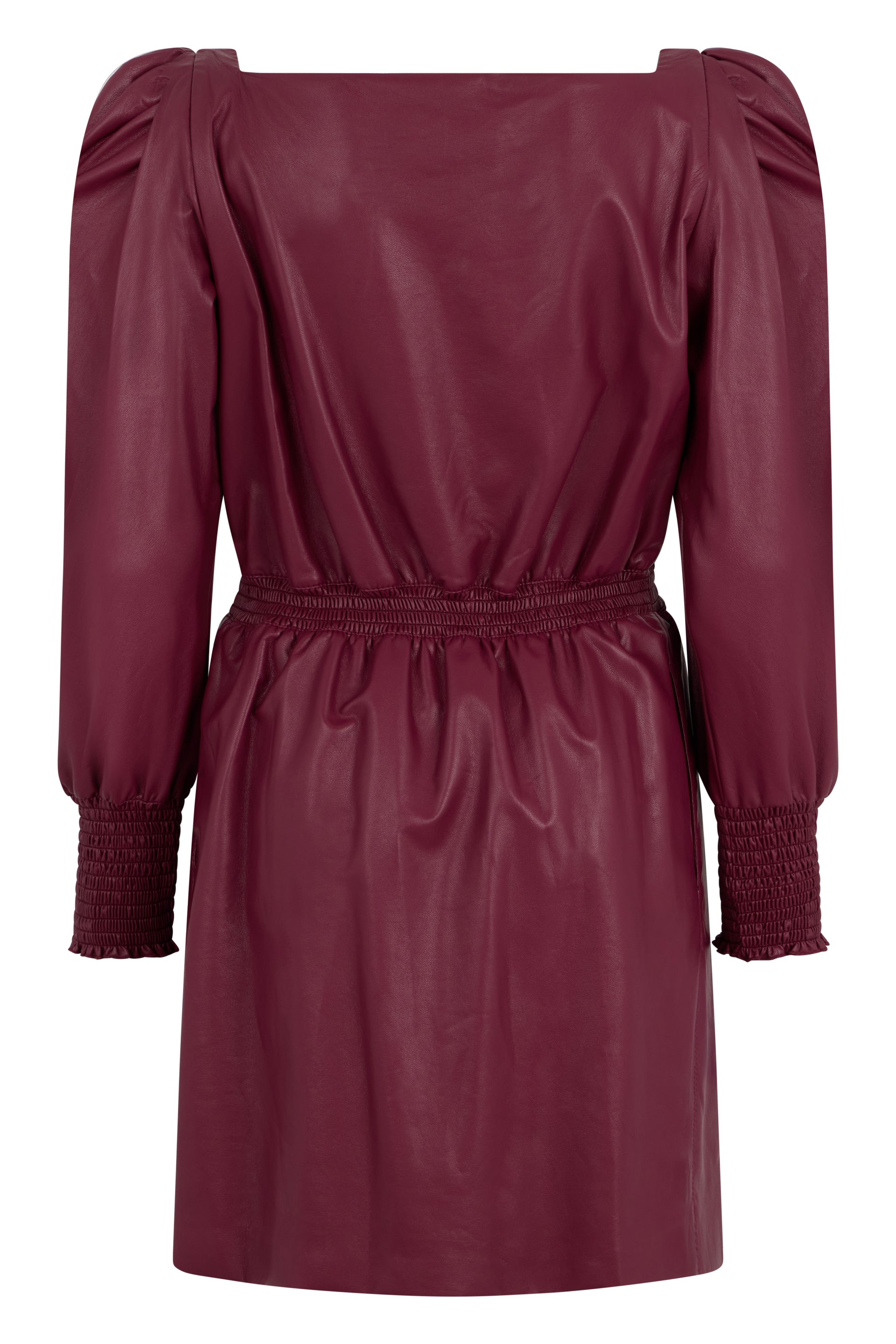 Elegant burgundy dress with square neckline.