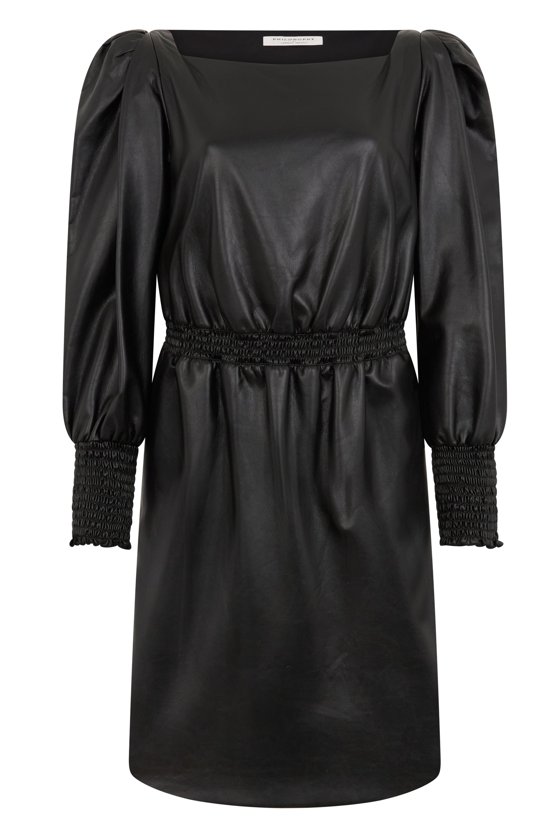 Black dress with square neckline, elegant and versatile.