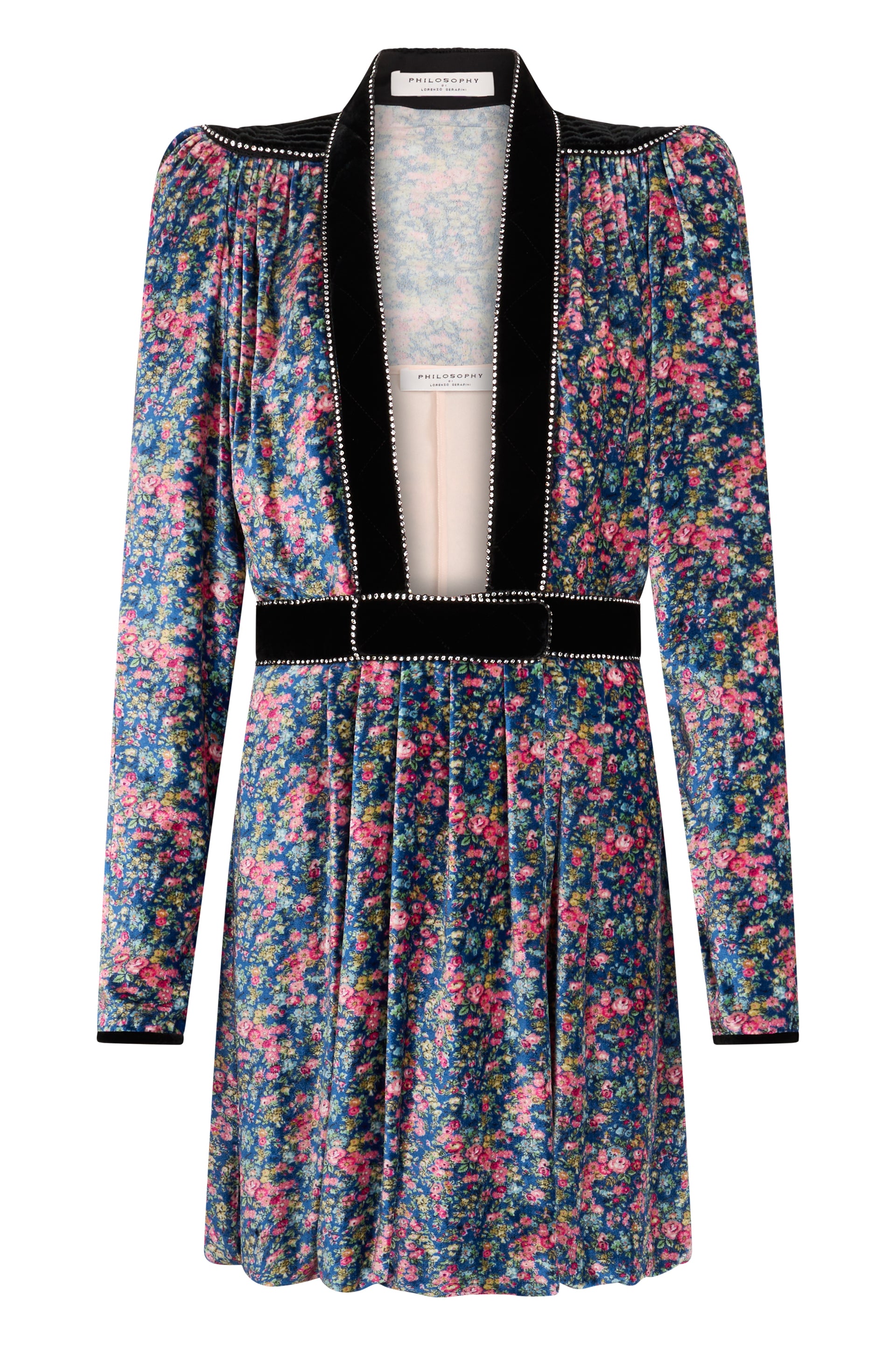 Midi dress in blue color with deep neckline and floral pattern.