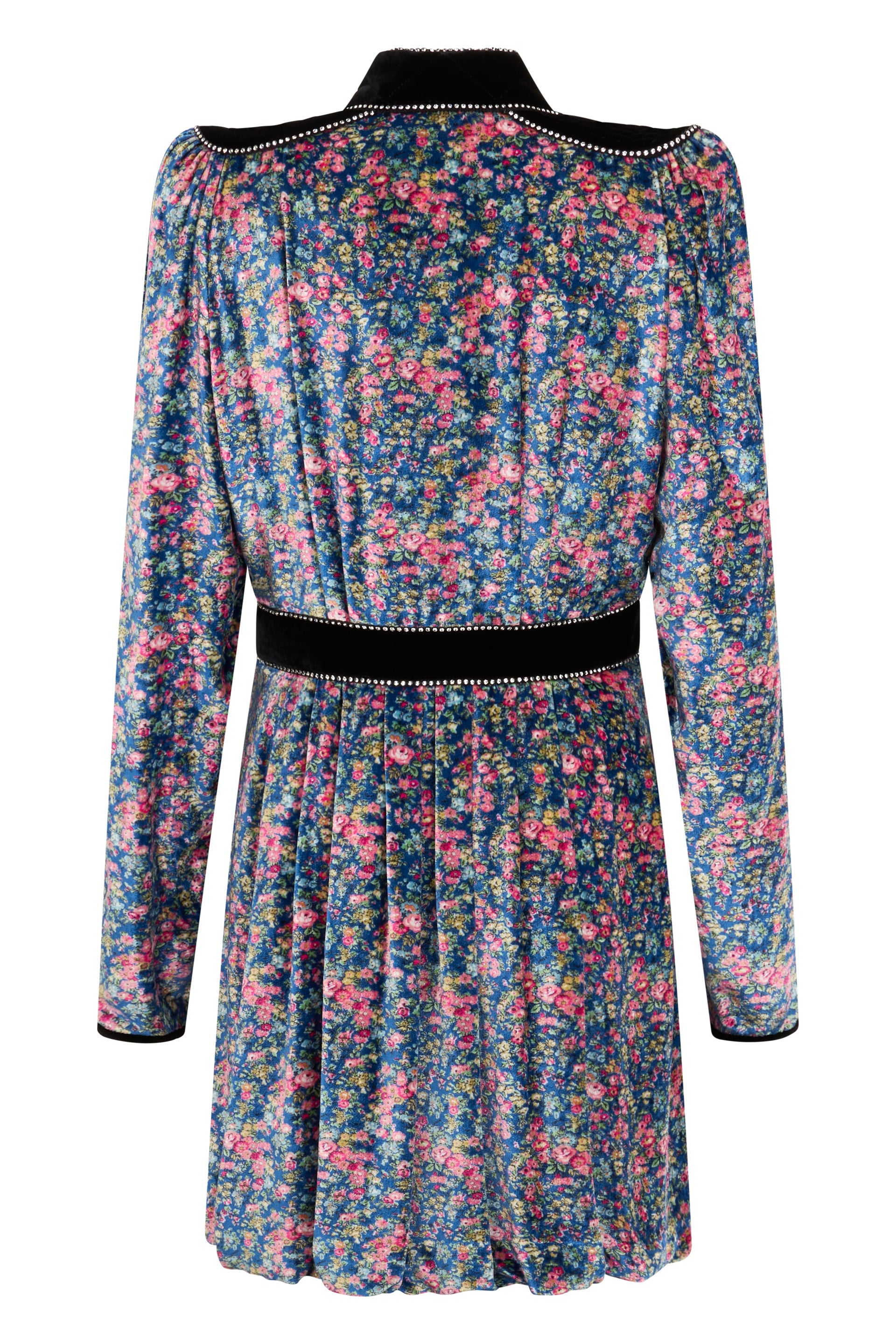 Midi dress in blue color with deep neckline and floral pattern.