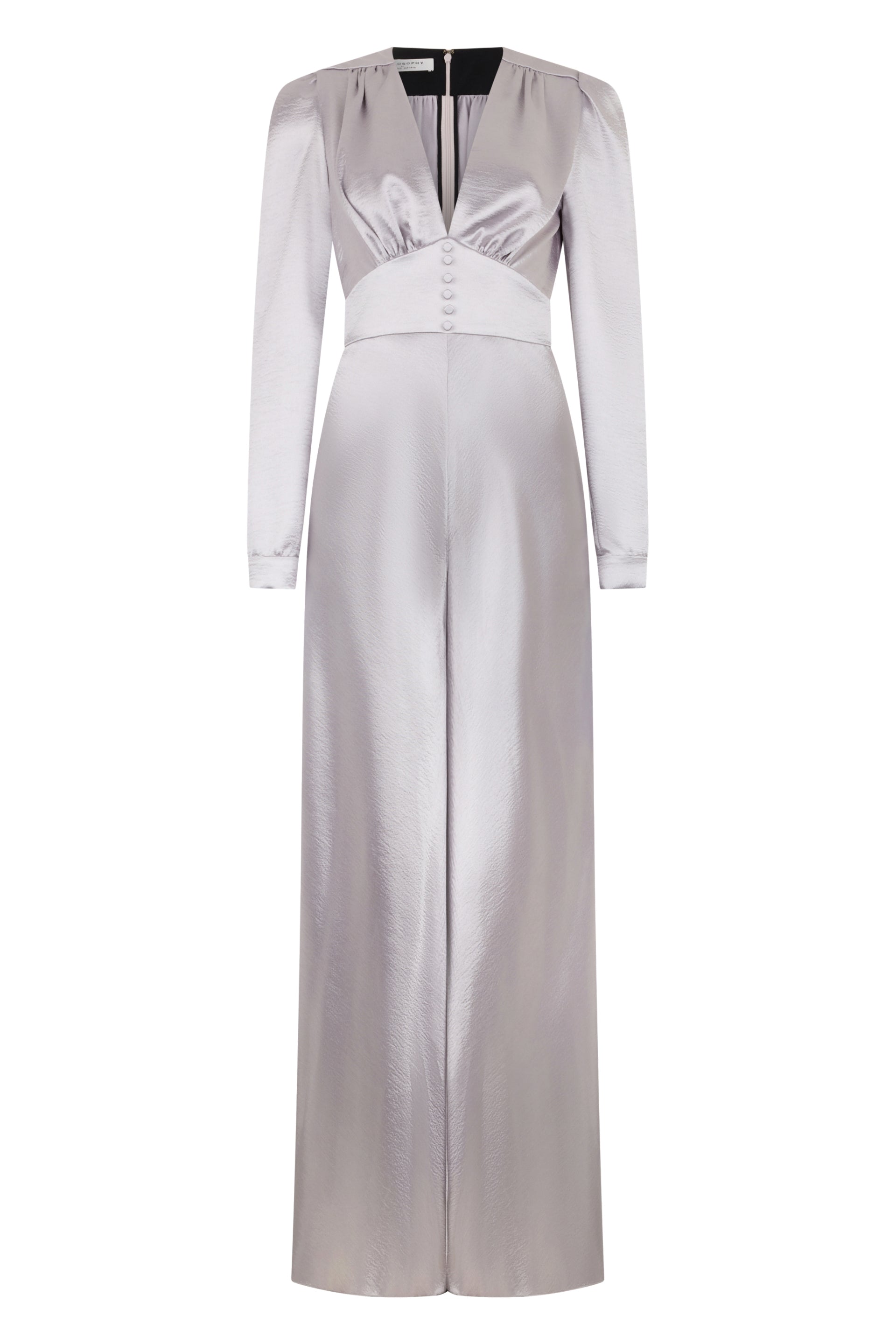 Silver long jumpsuit with a minimal and elegant design.