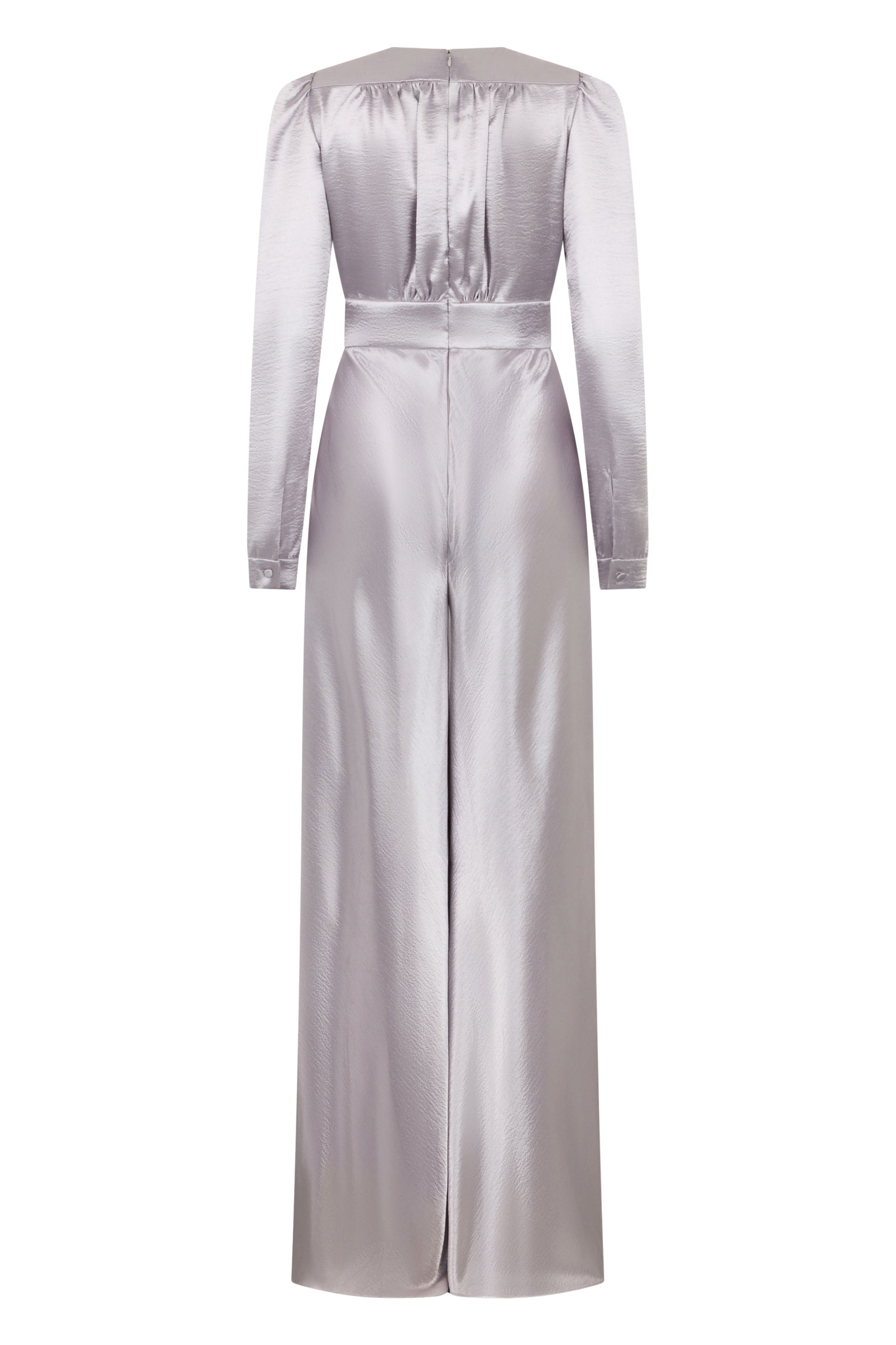 Silver long jumpsuit with a minimal and elegant design.