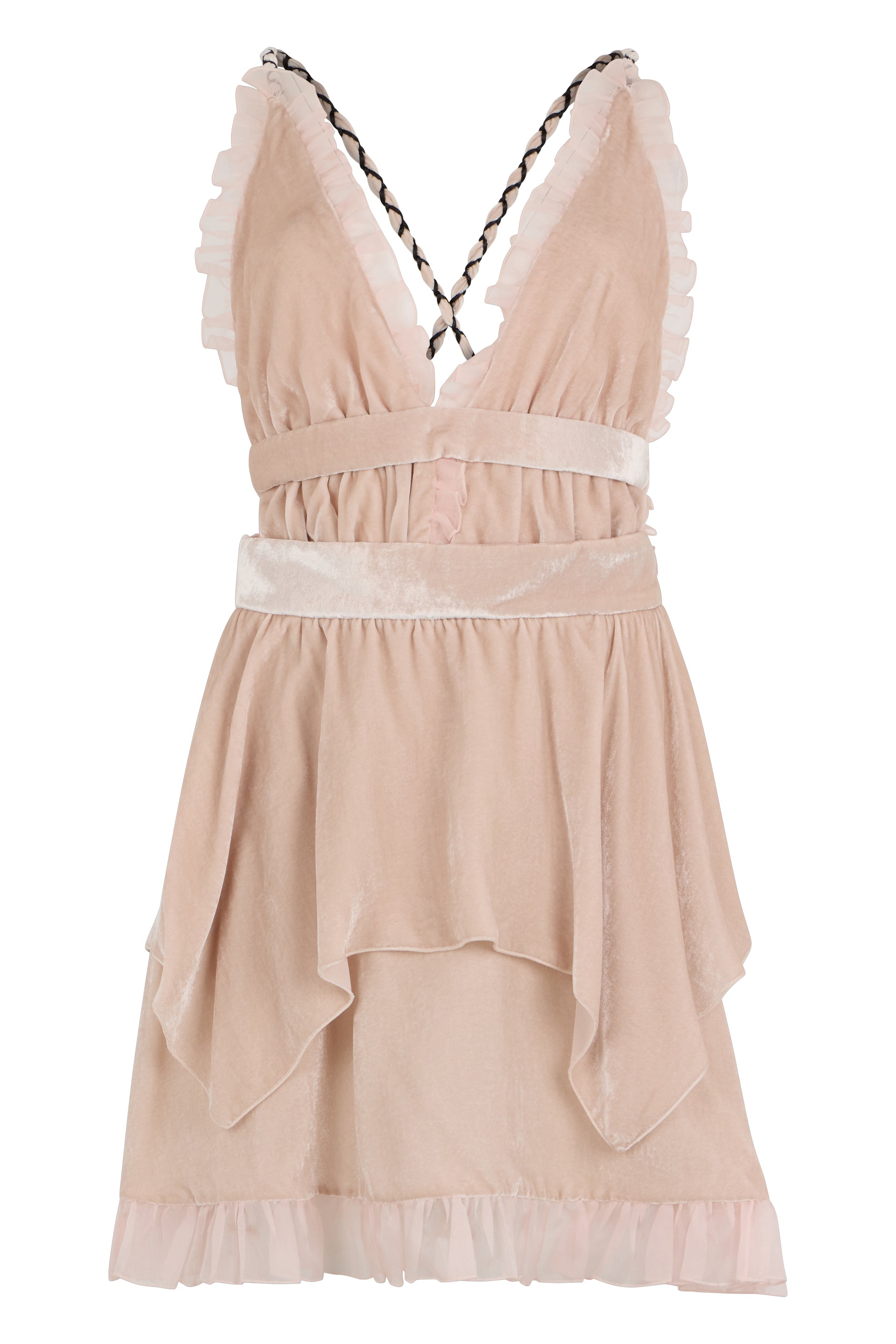 Beige midi dress with V-neck and elegant, versatile design.