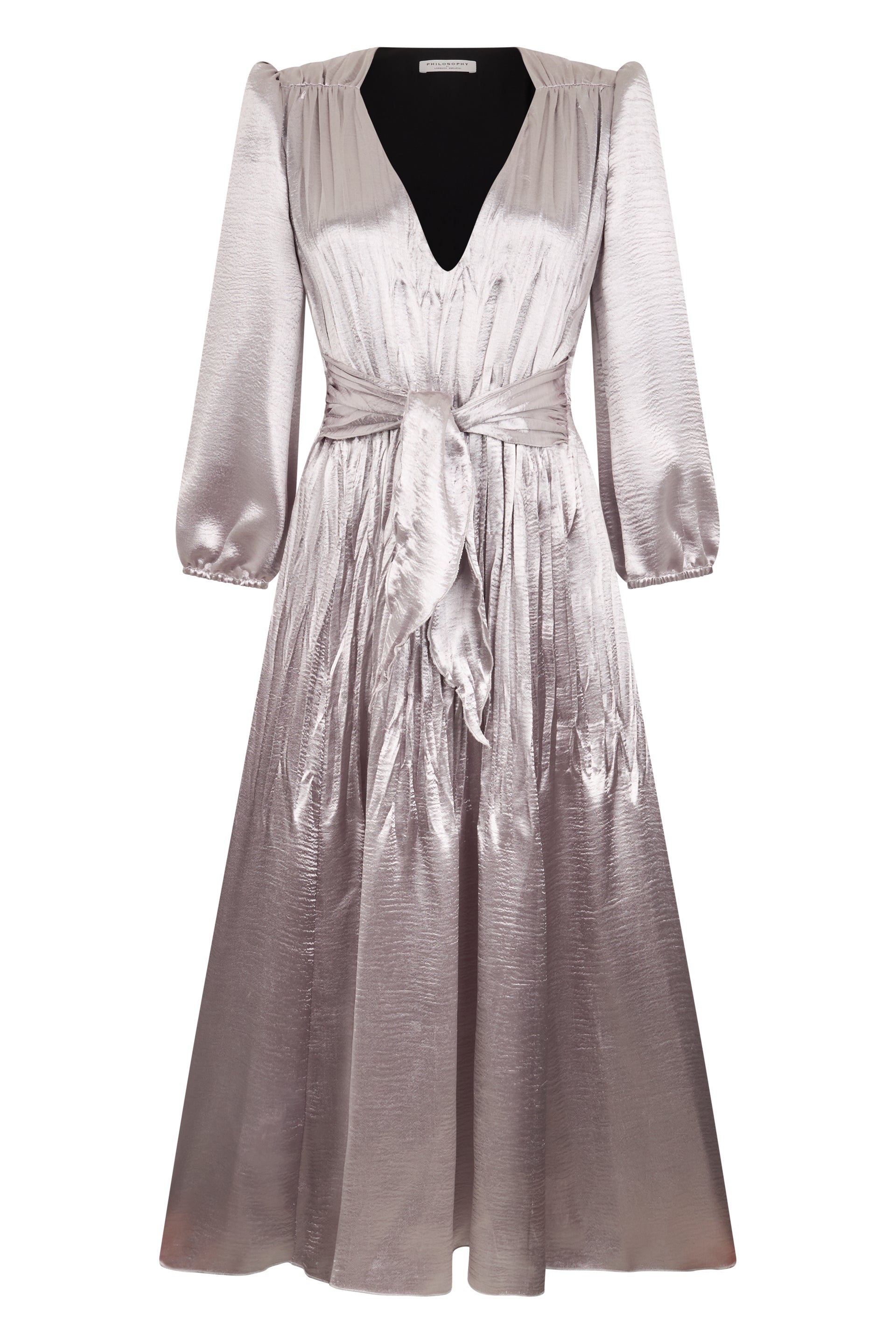 Long satin dress with elegant and refined design.