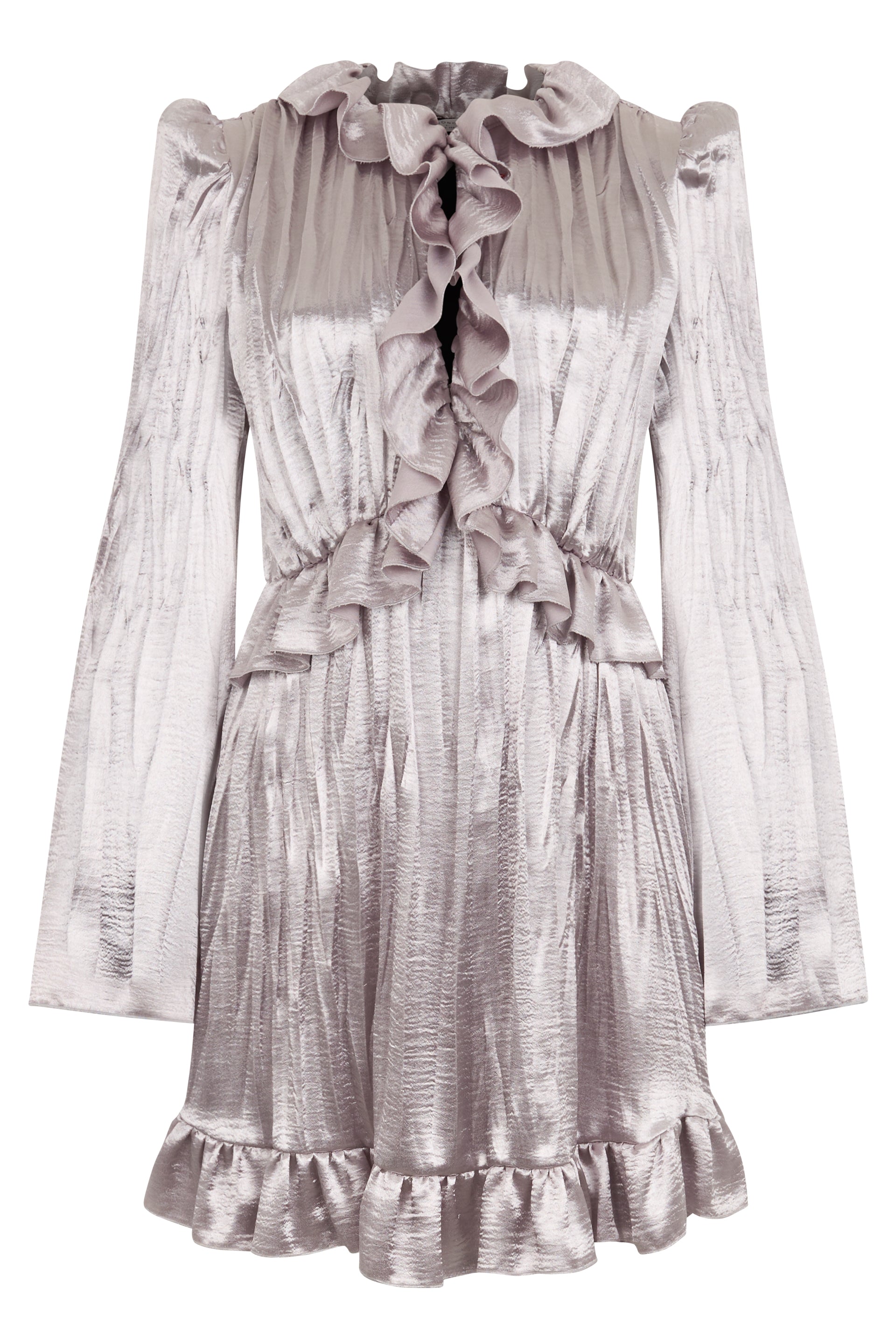 Elegant midi dress with long sleeves and silver fabric with satin effect.