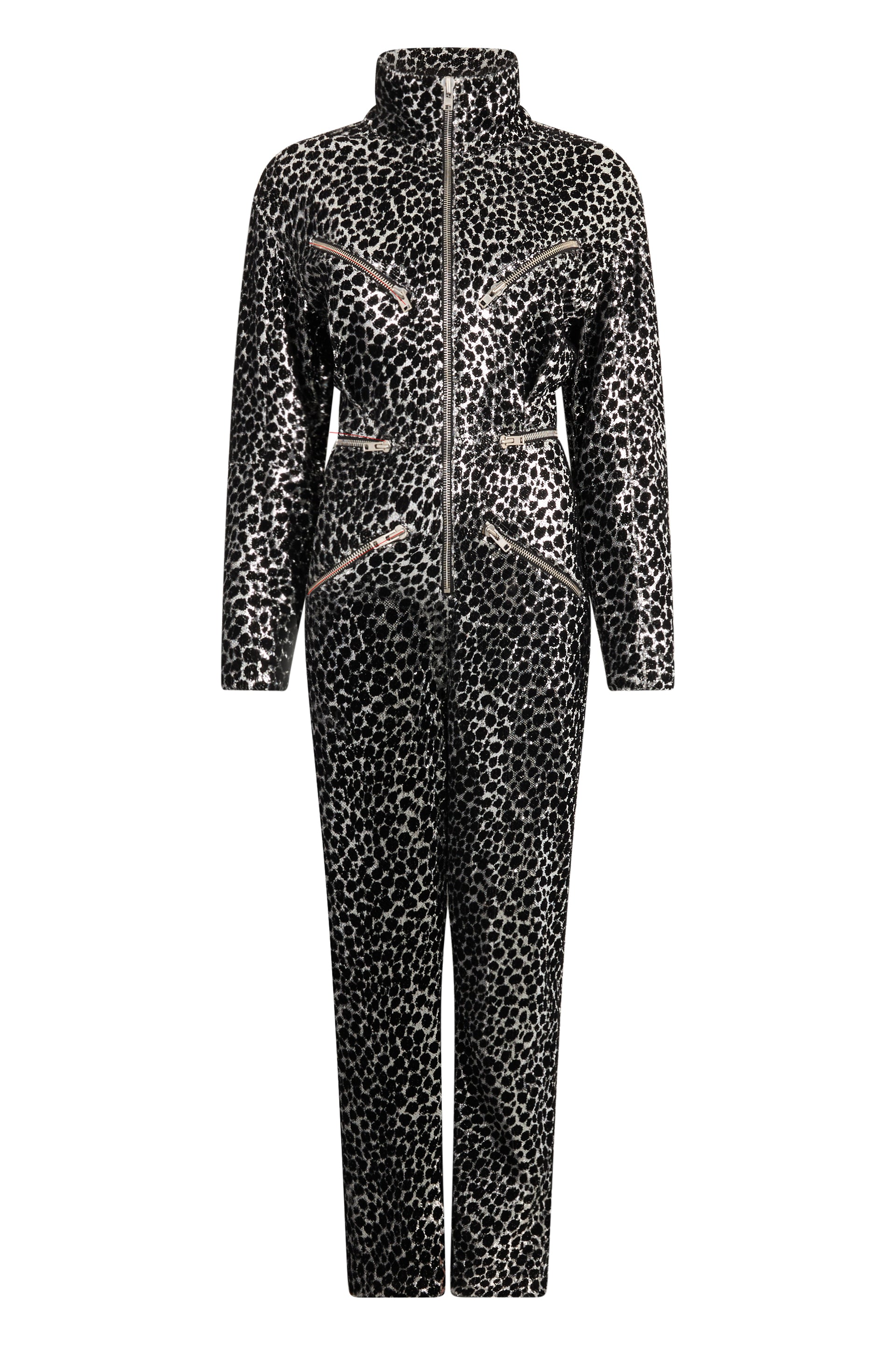 Elegant fitted white and black suit with a high collar and refined design.