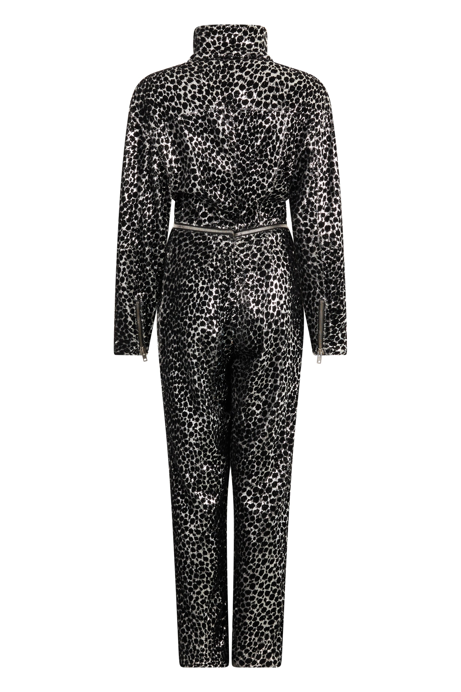 Elegant fitted white and black suit with a high collar and refined design.