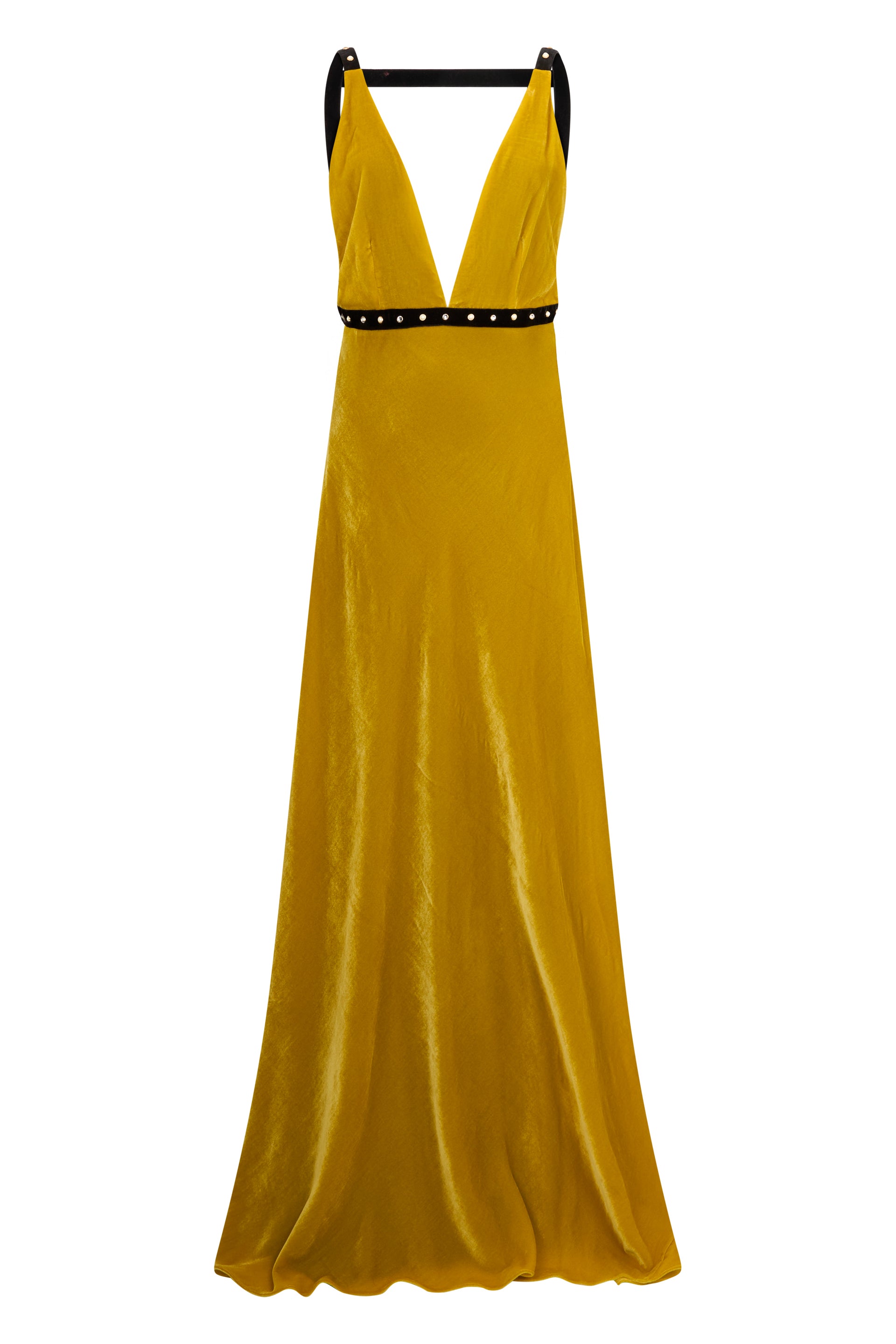 Long mustard yellow dress elegant and suitable for special occasions.