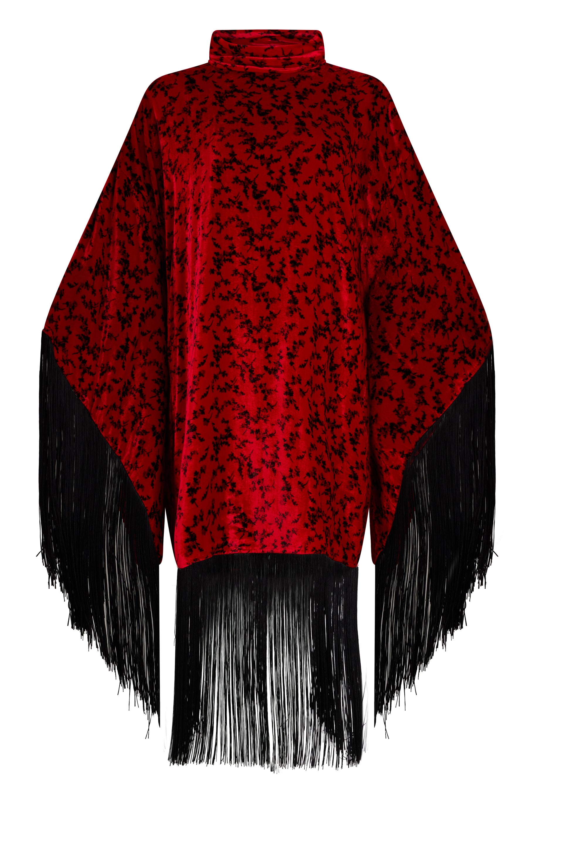 Elegant red dress with black floral pattern and fringes.