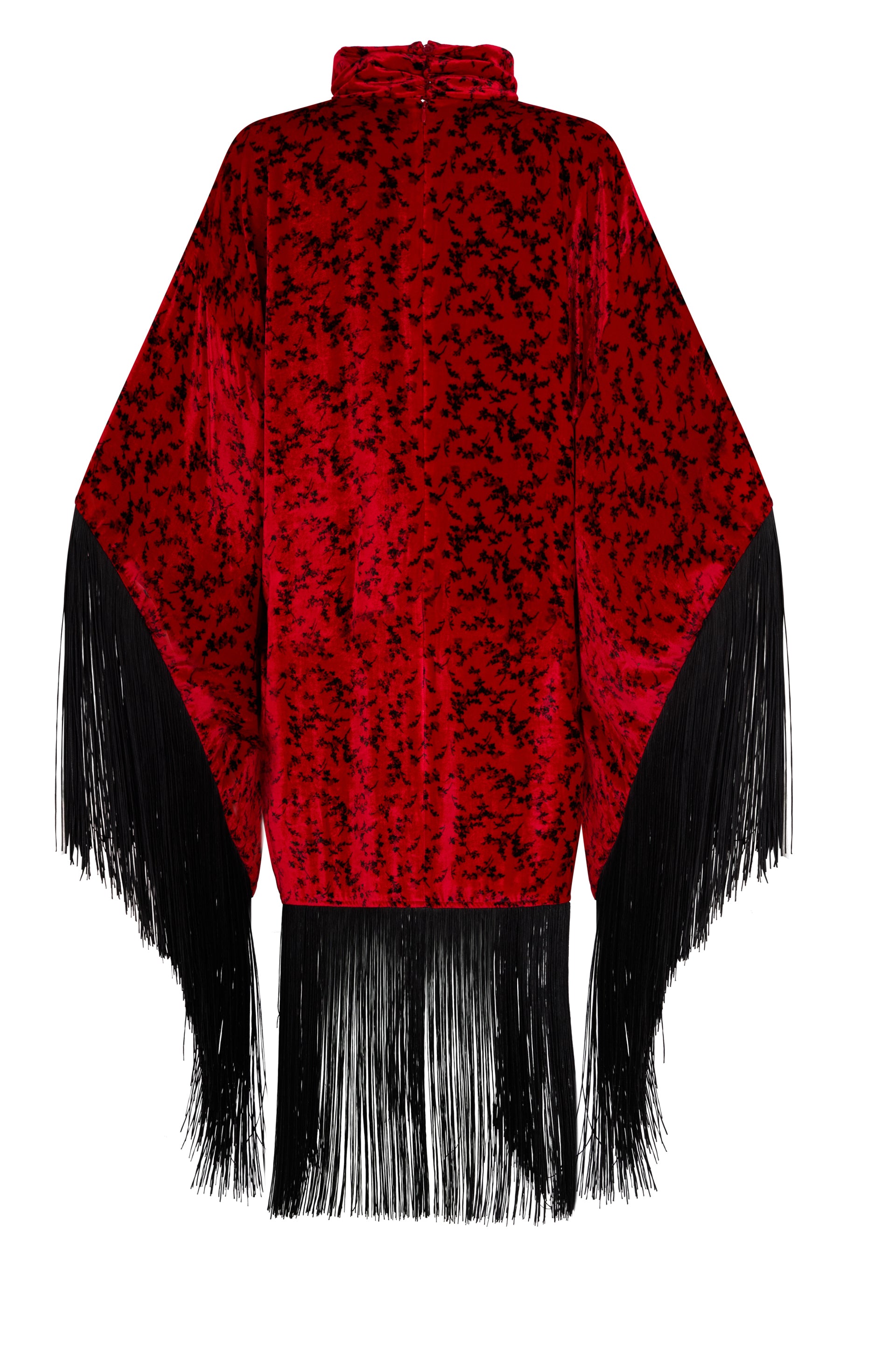 Elegant red dress with black floral pattern and fringes.