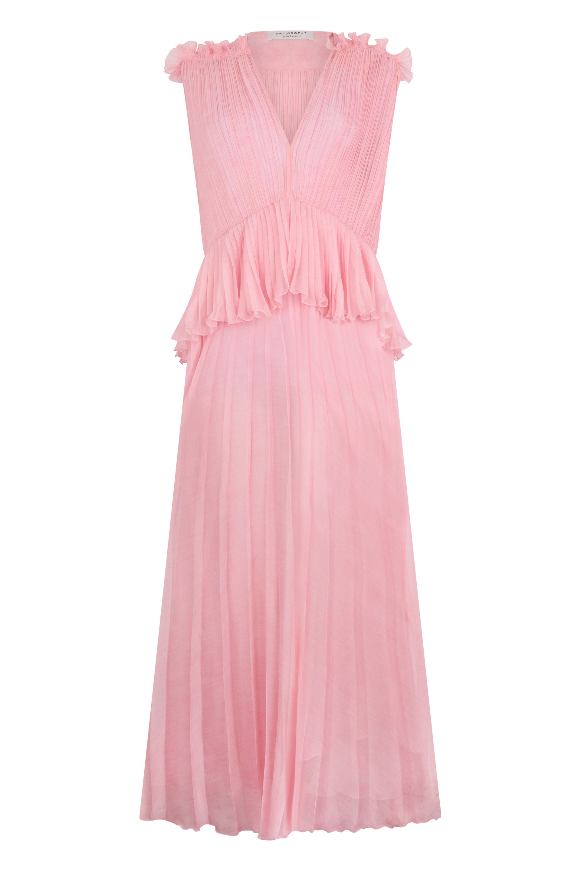 Long pink flowing pleated dress for events.