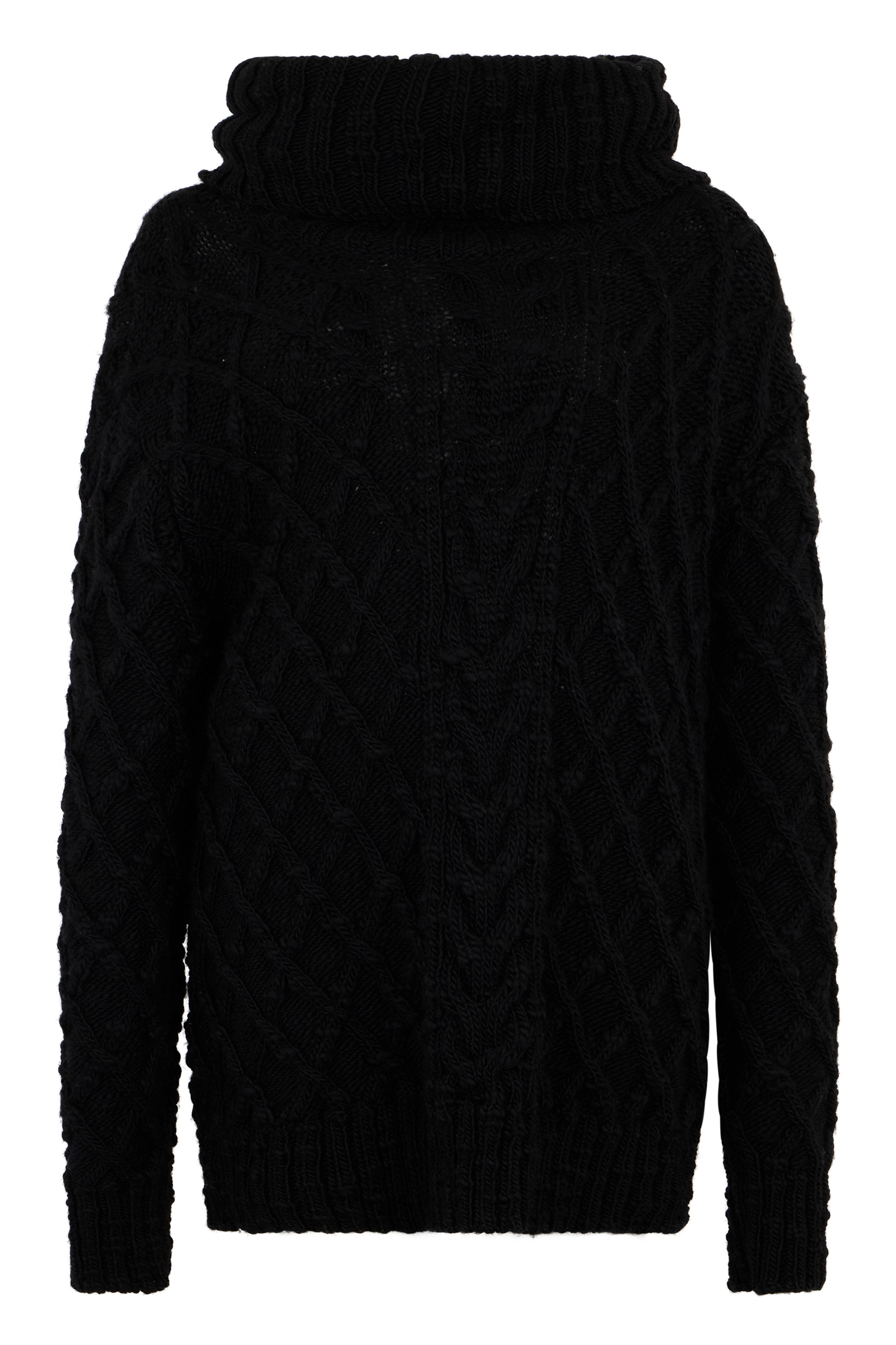 Black sweater with long sleeves and a loose fit.