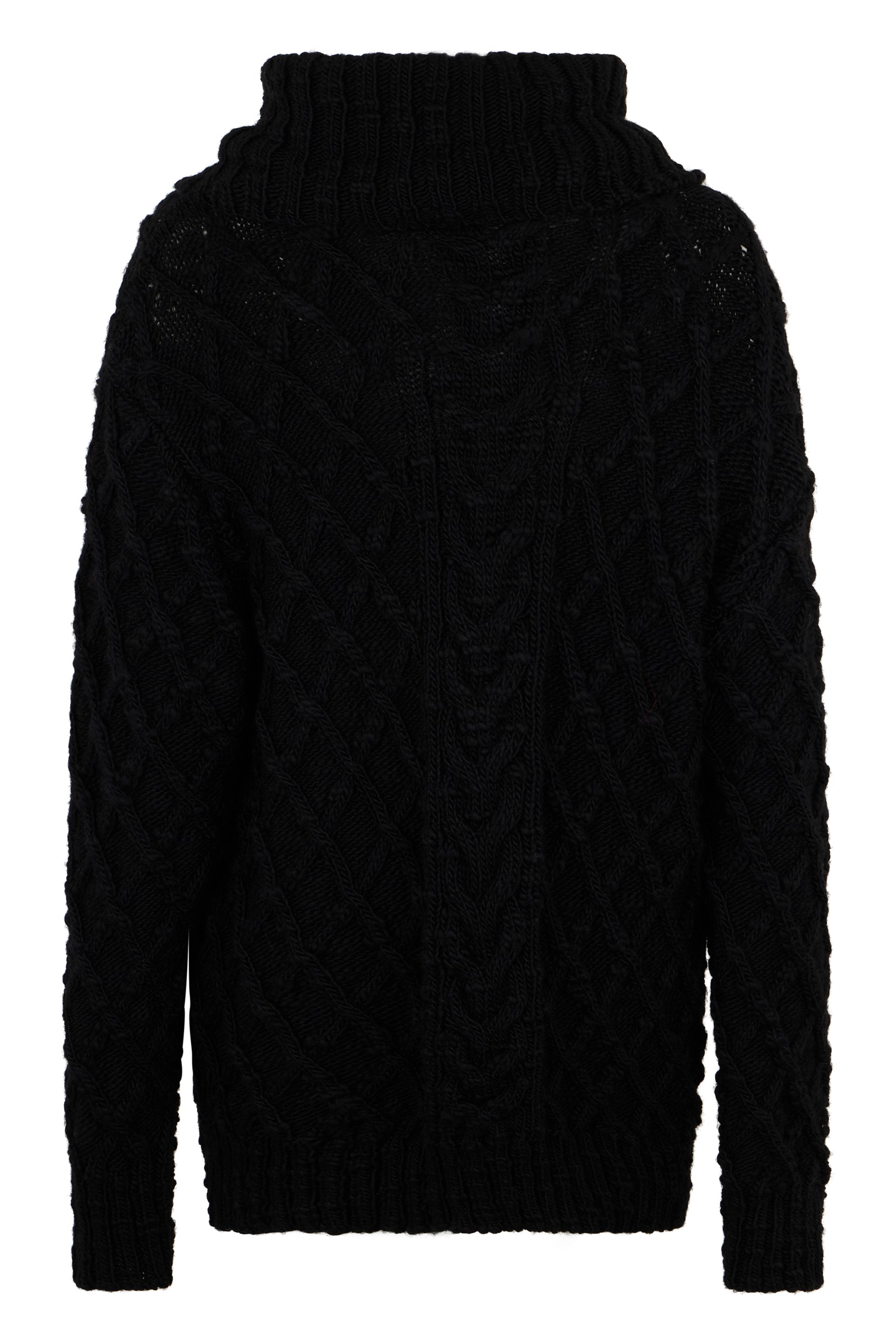 Black sweater with long sleeves and a loose fit.