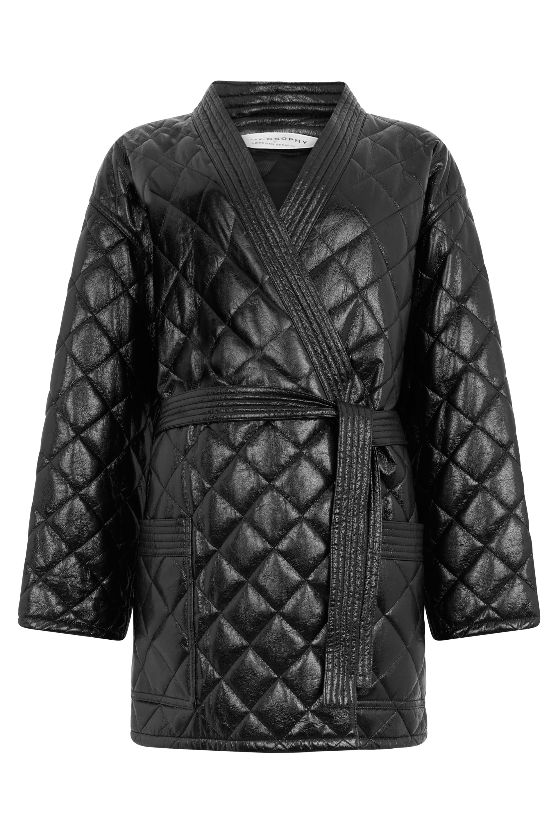 Black quilted coat with adjustable belt.