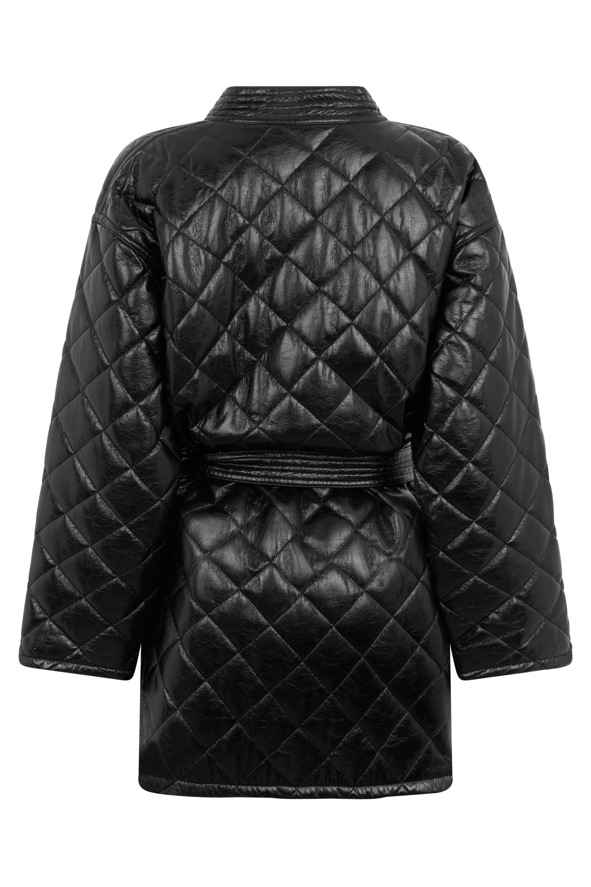 Black quilted coat with adjustable belt.