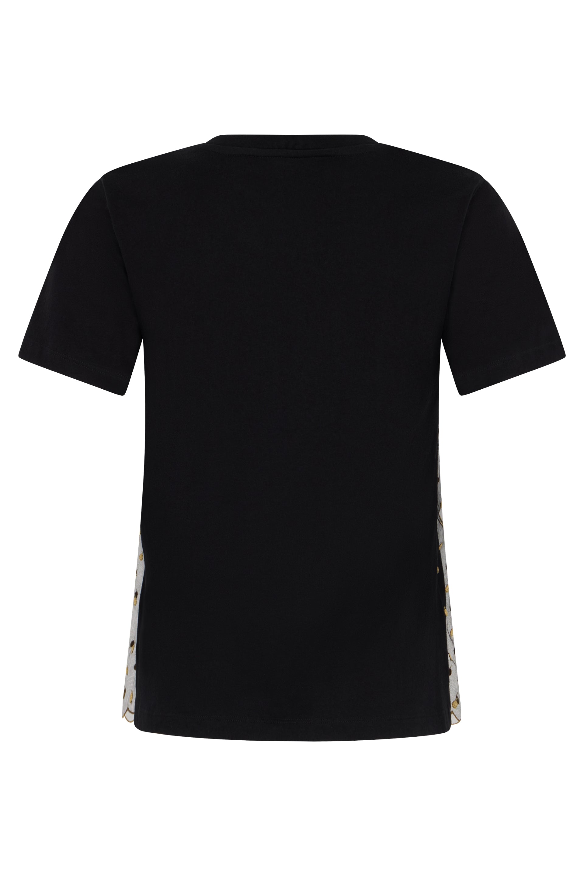 Black T-shirt with modern graphic design.