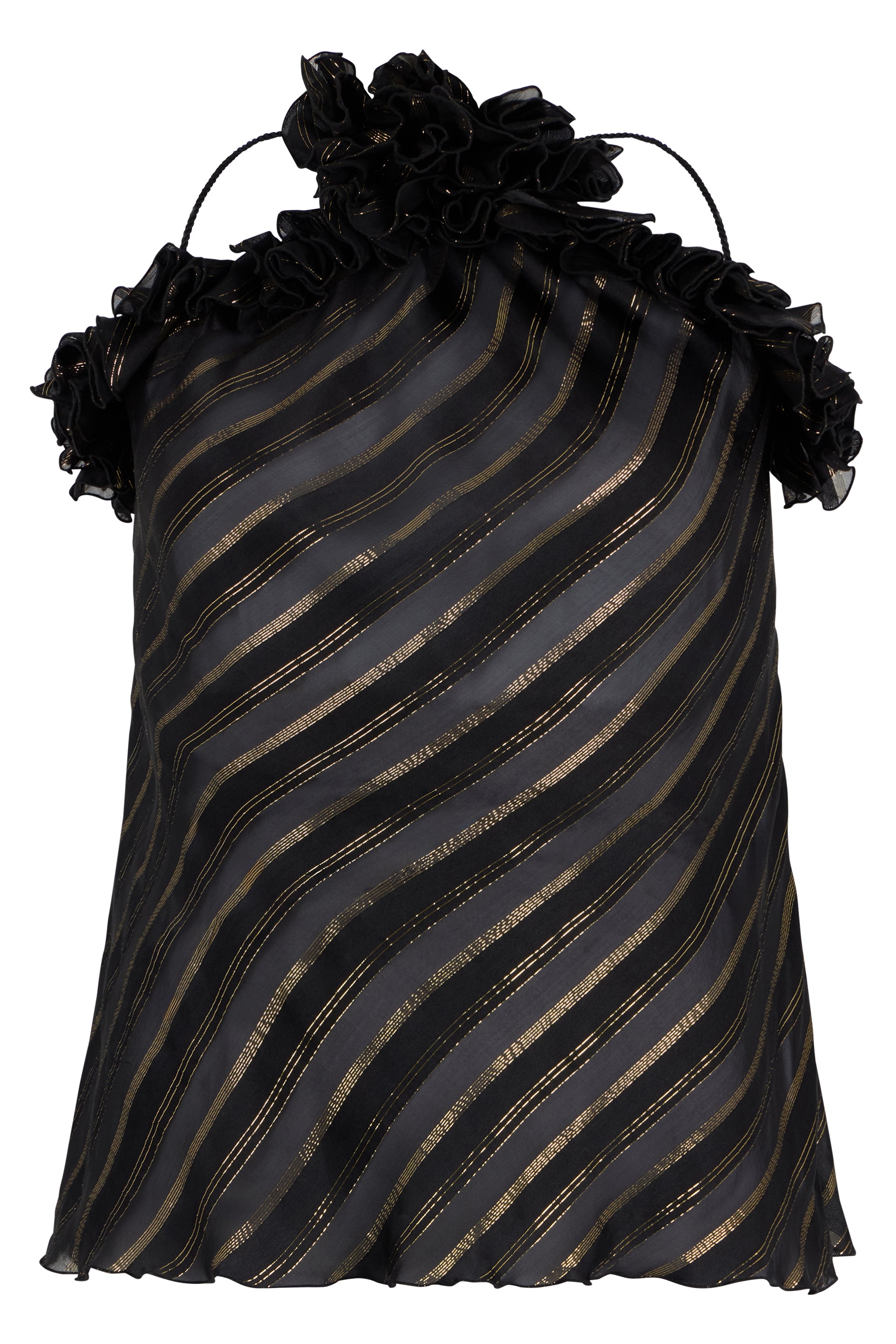 Elegant black top with slim straps and striped pattern.