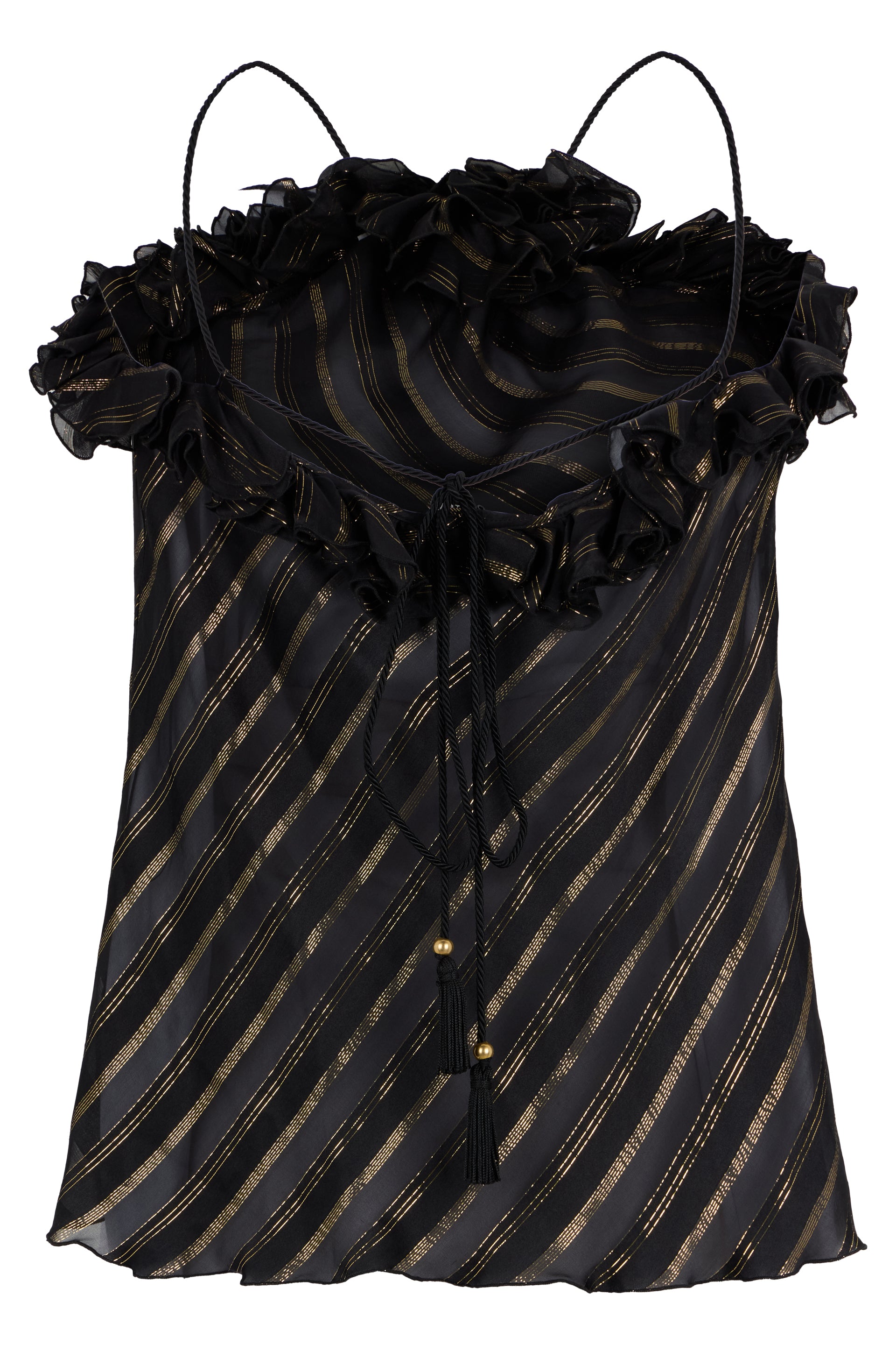 Elegant black top with slim straps and striped pattern.