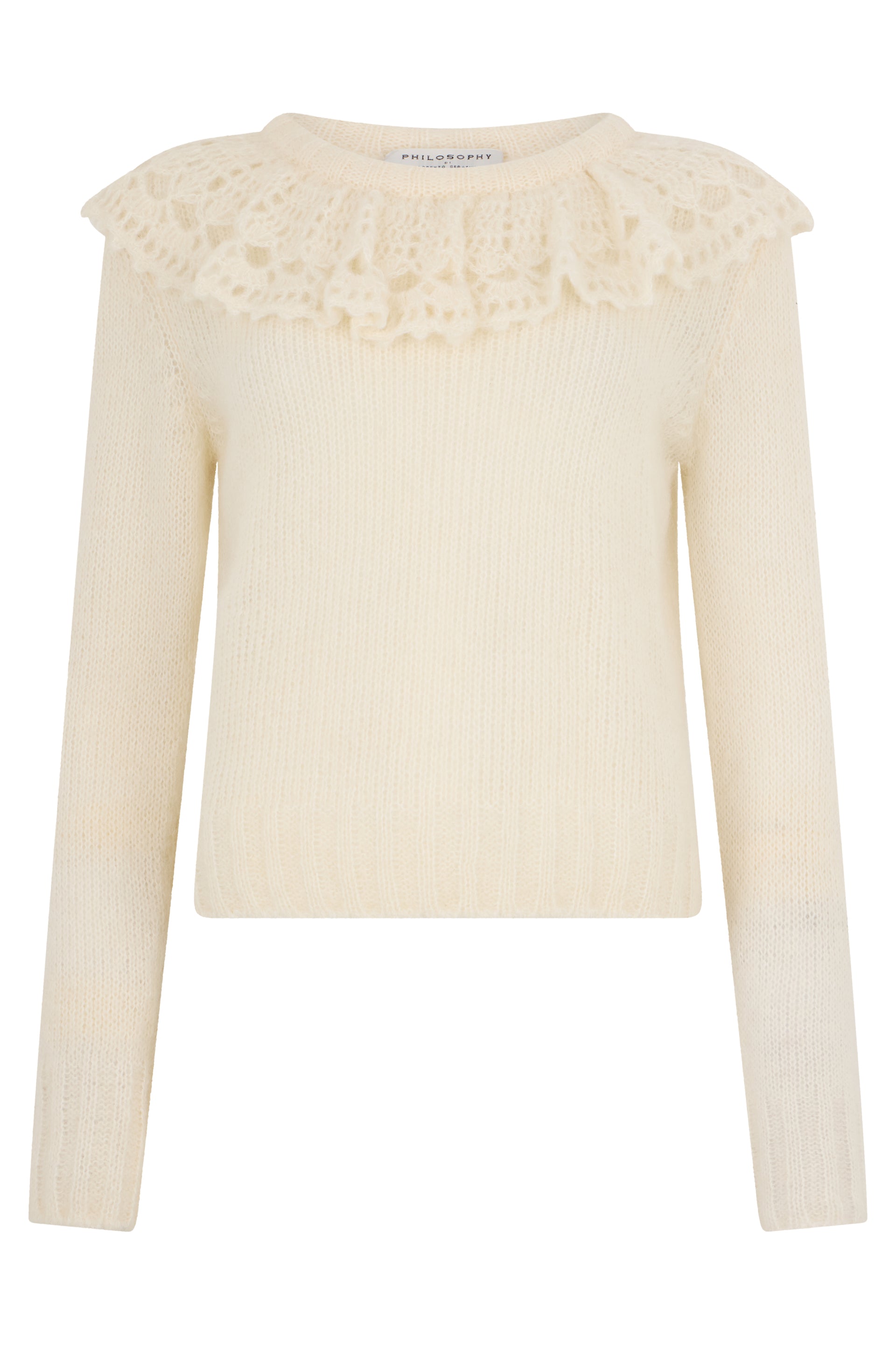 White cream sweater with a round neck and long sleeves.