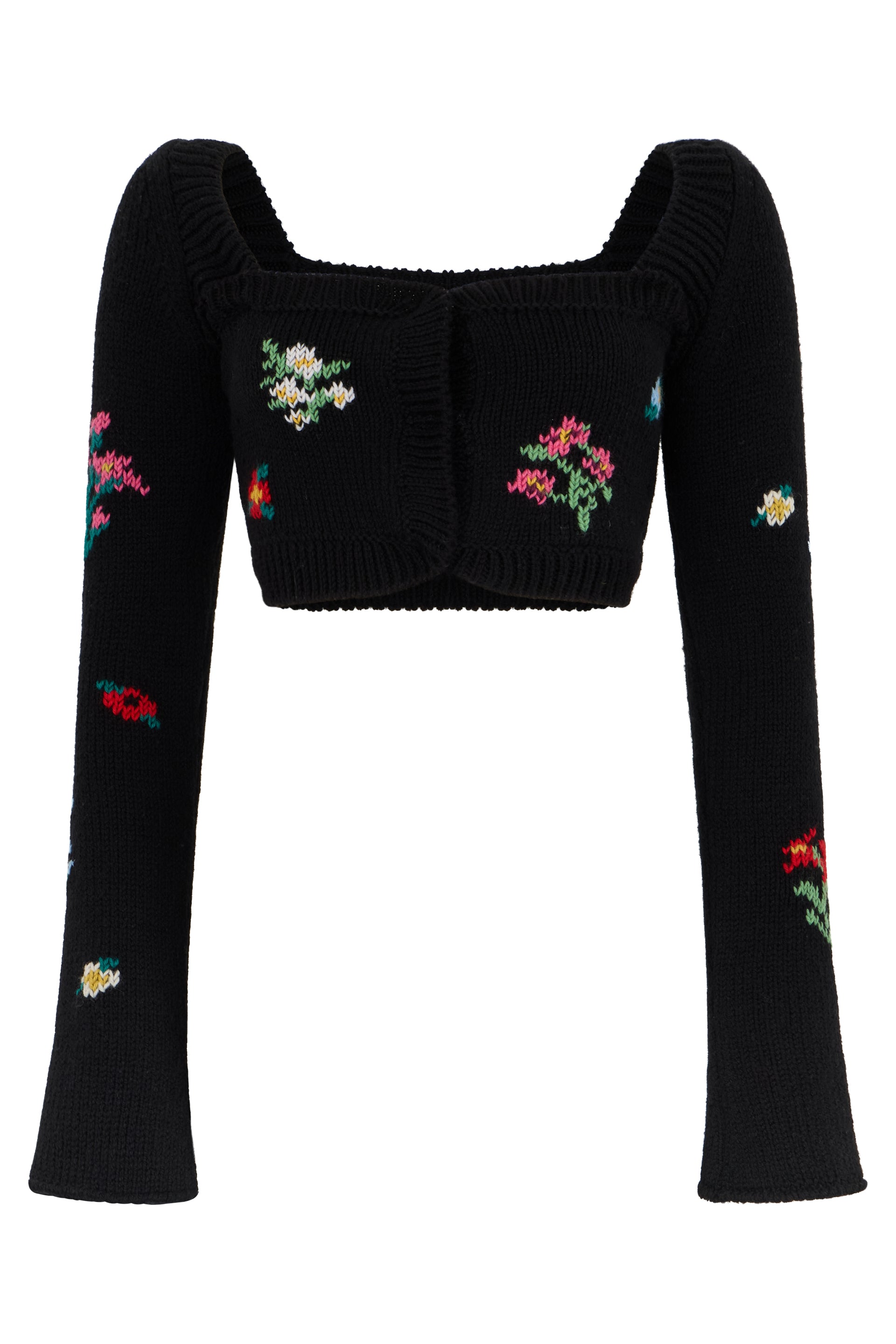 Short black cardigan with floral pattern.