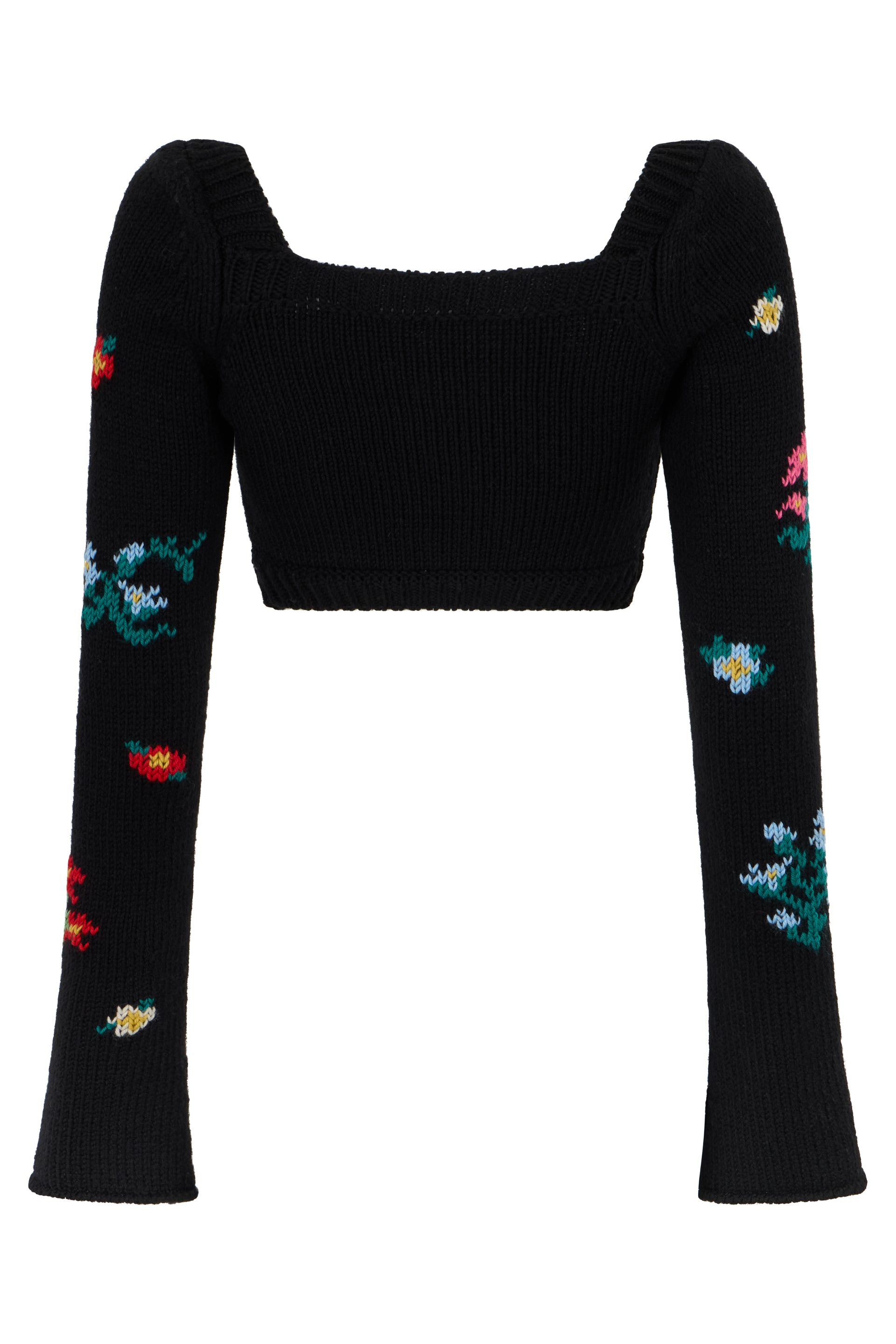 Short black cardigan with floral pattern.