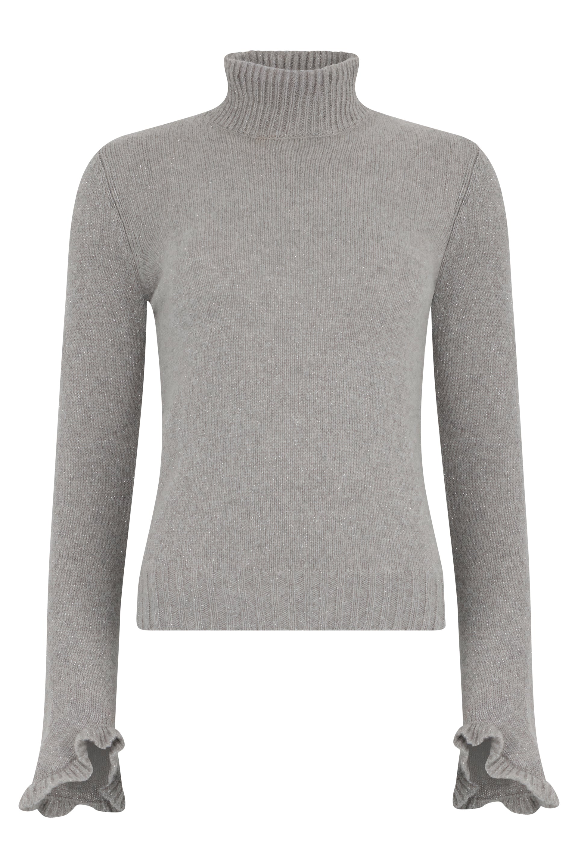 Gray sweater with a high collar and long sleeves.