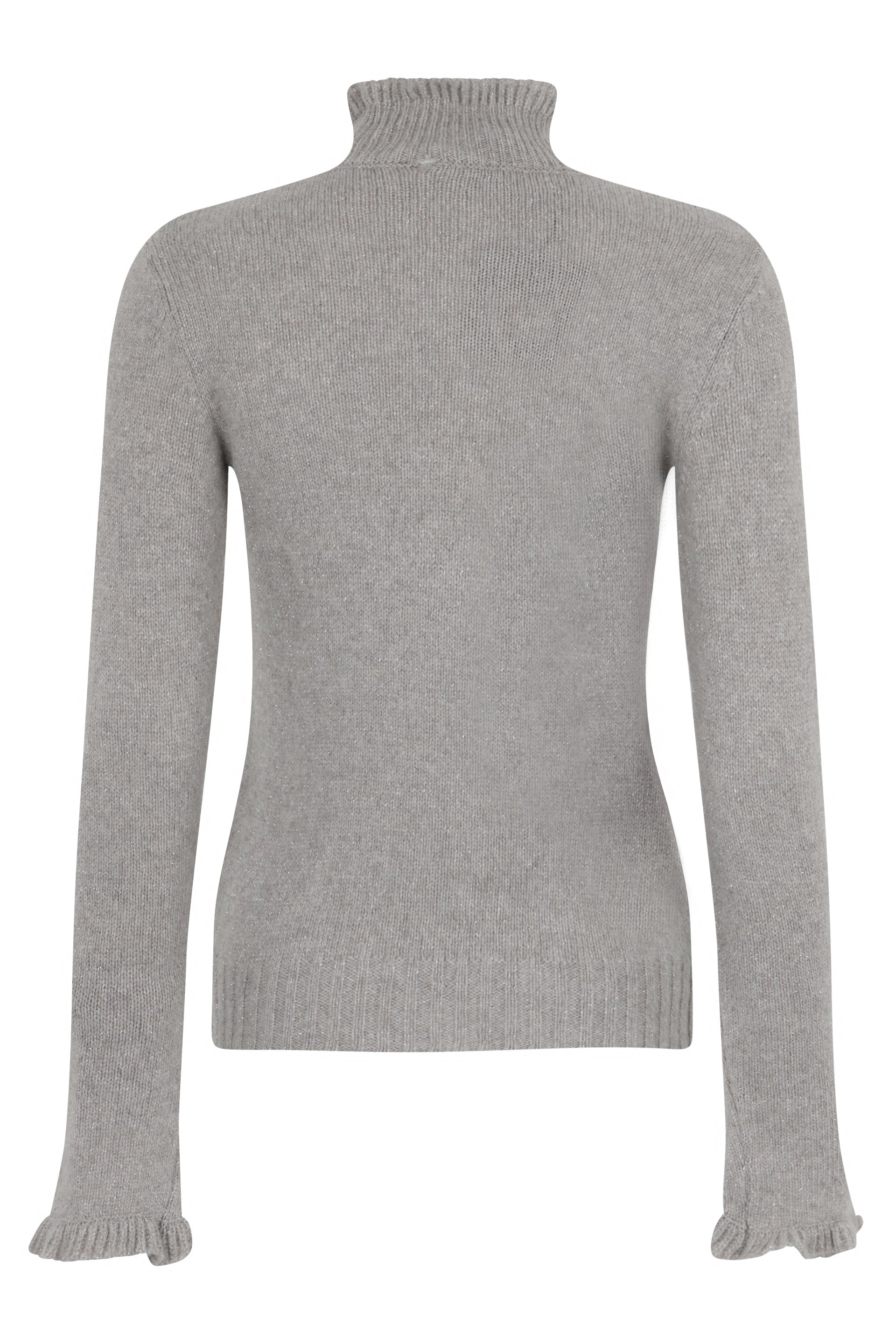 Gray sweater with a high collar and long sleeves.