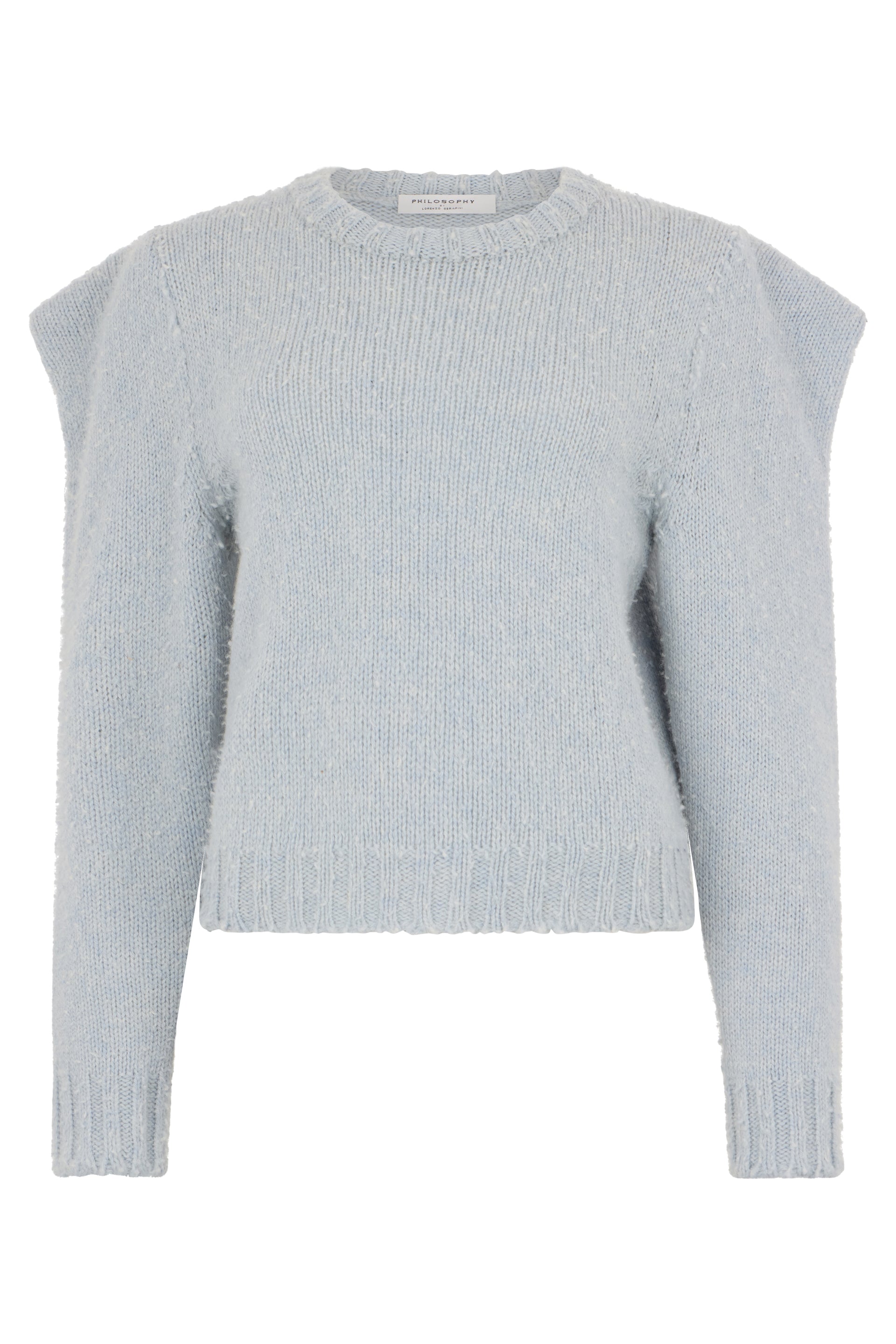 Light gray cropped sweater with wide sleeves.