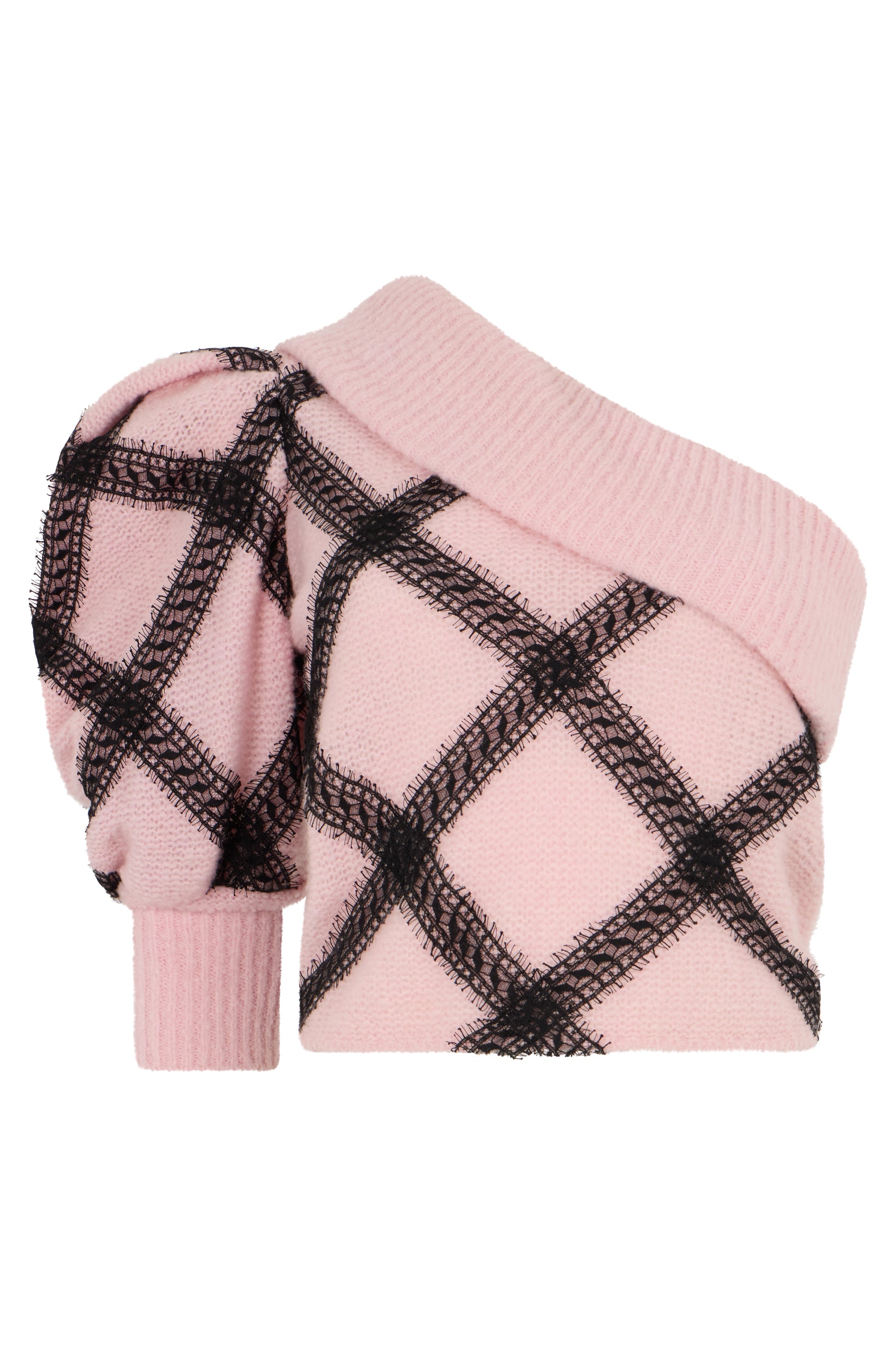 Elegant pink one-shoulder sweater with diamond design.