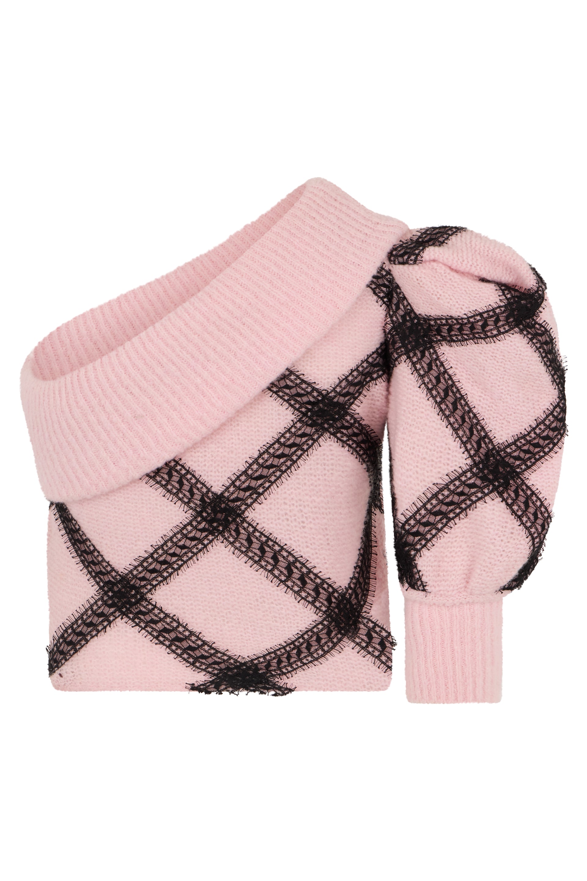 Elegant pink one-shoulder sweater with diamond design.
