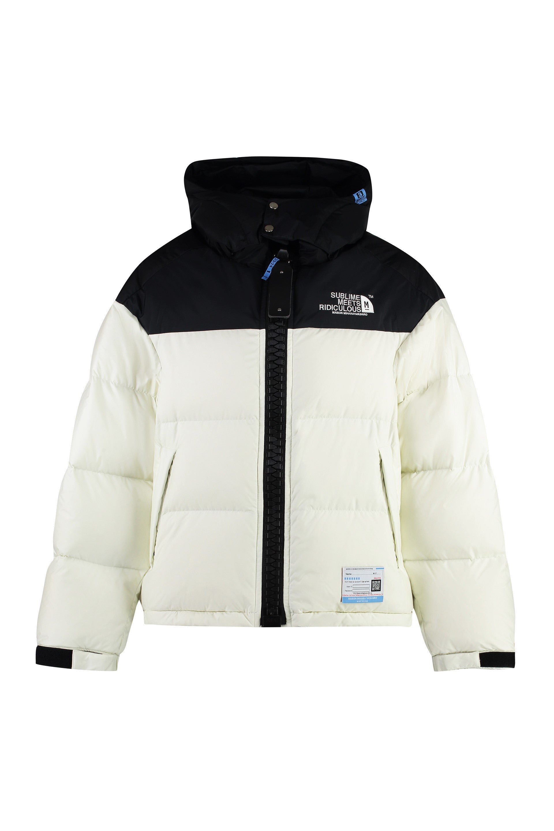 Hooded techno fabric down jacket