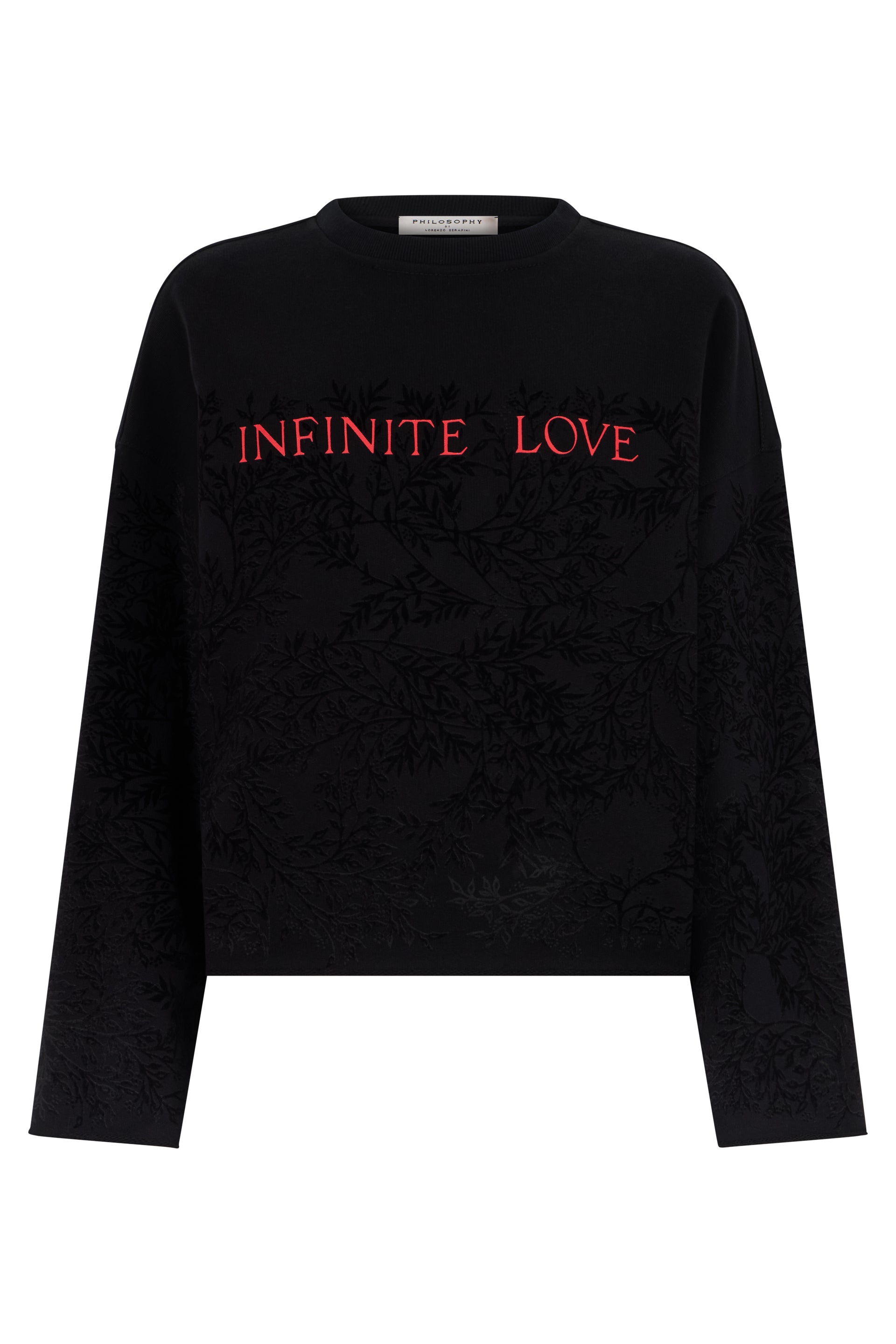 Black sweatshirt with red writing in casual and versatile style.