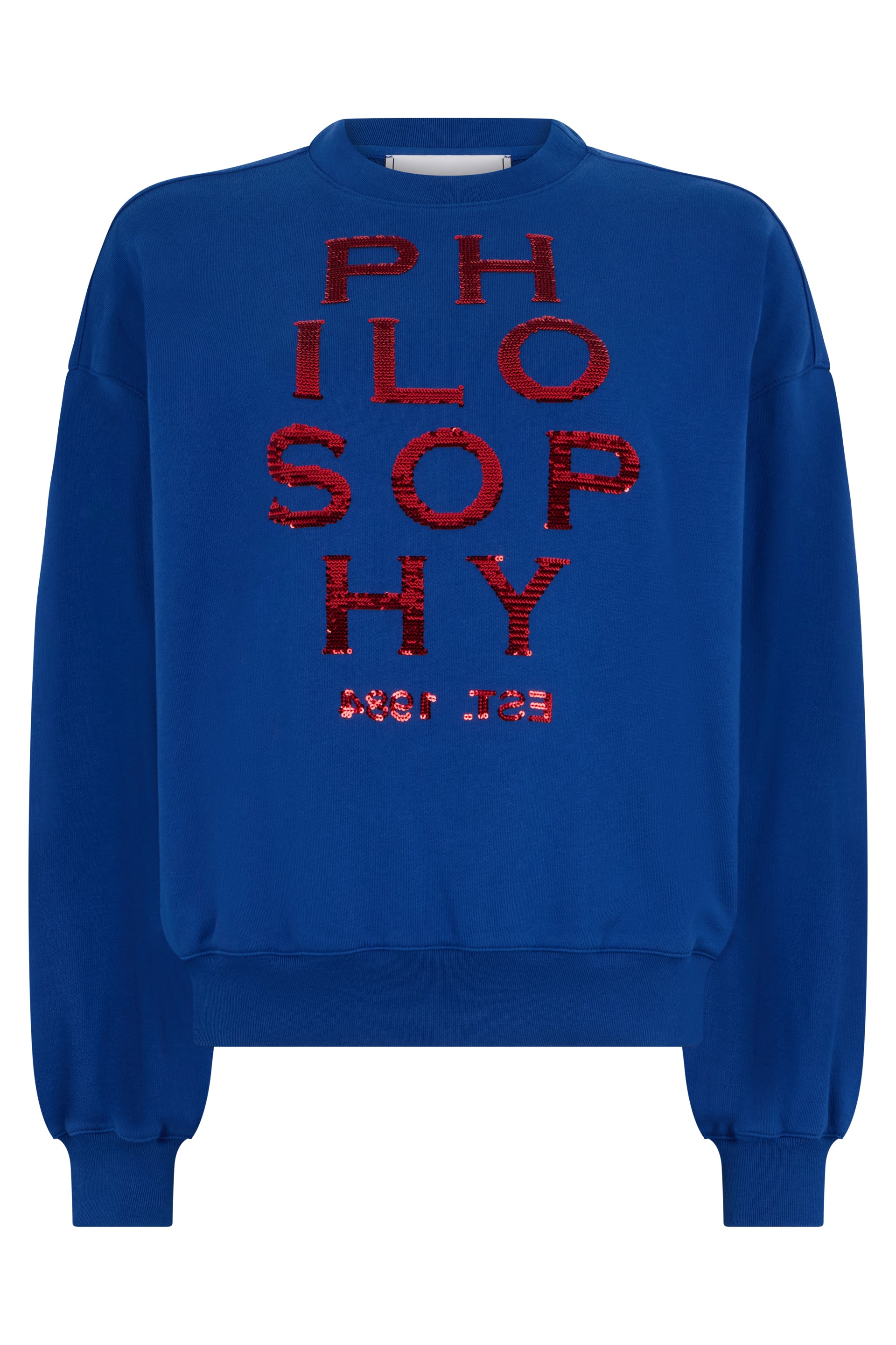 Blue sweatshirt with eye-catching graphic design.