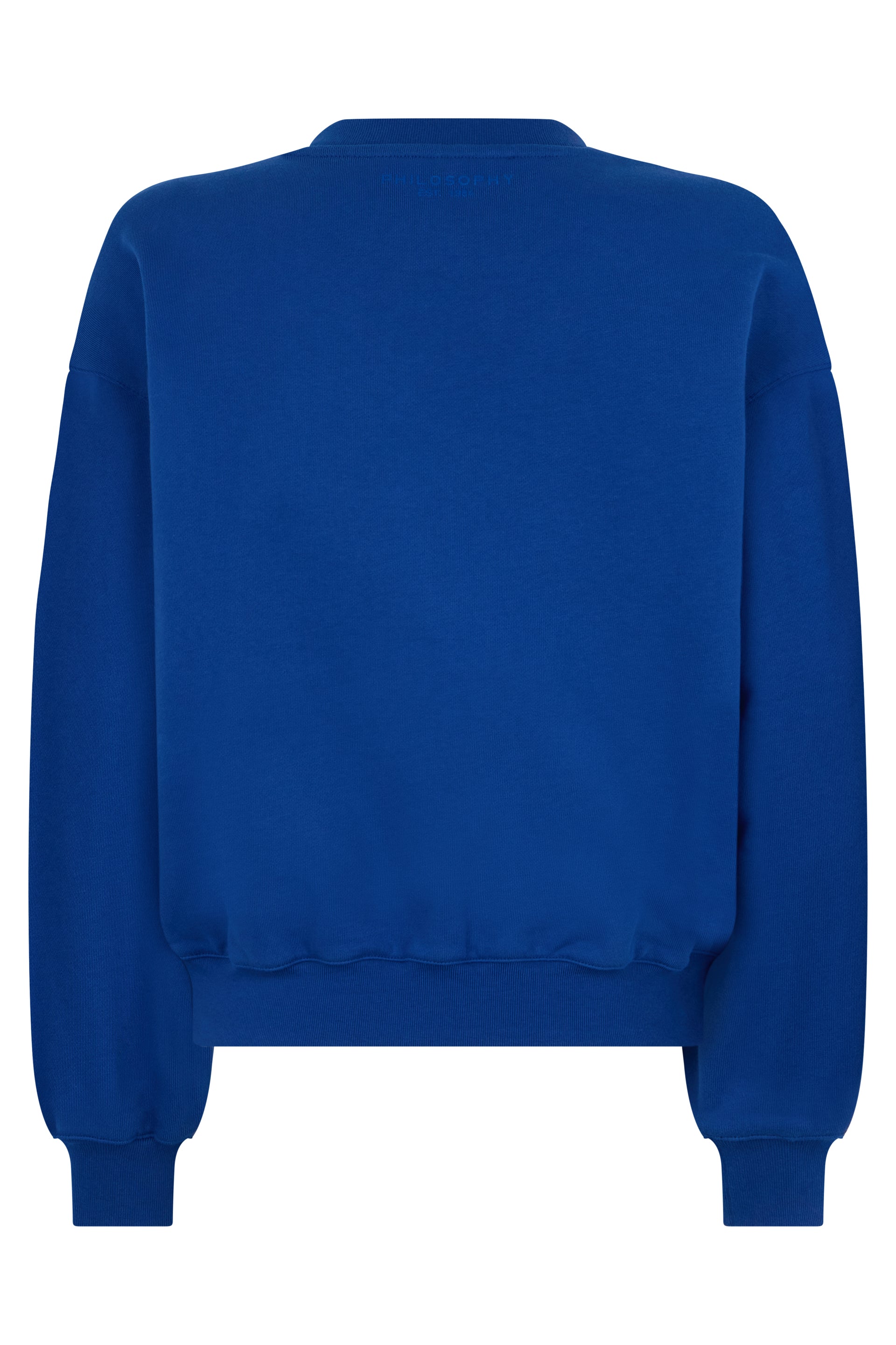 Blue sweatshirt with eye-catching graphic design.