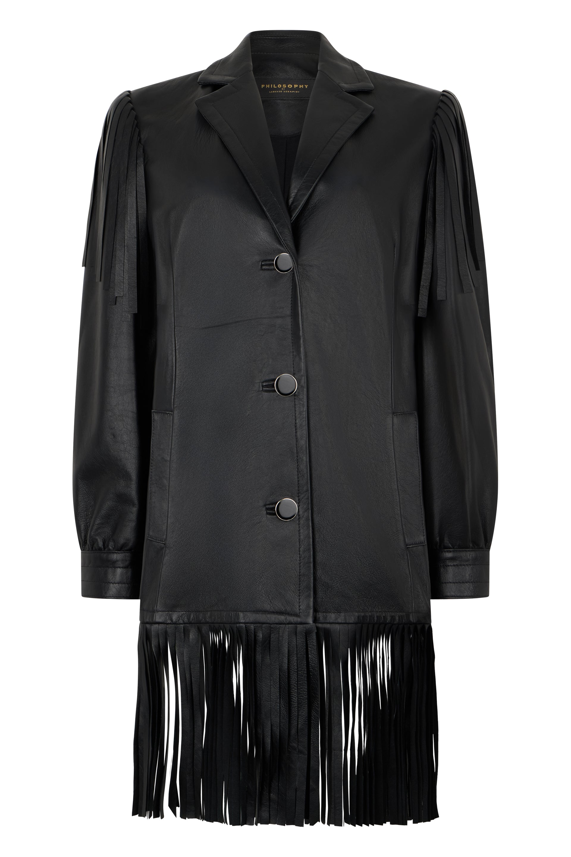 Black leather jacket with fringes, sophisticated and eye-catching.