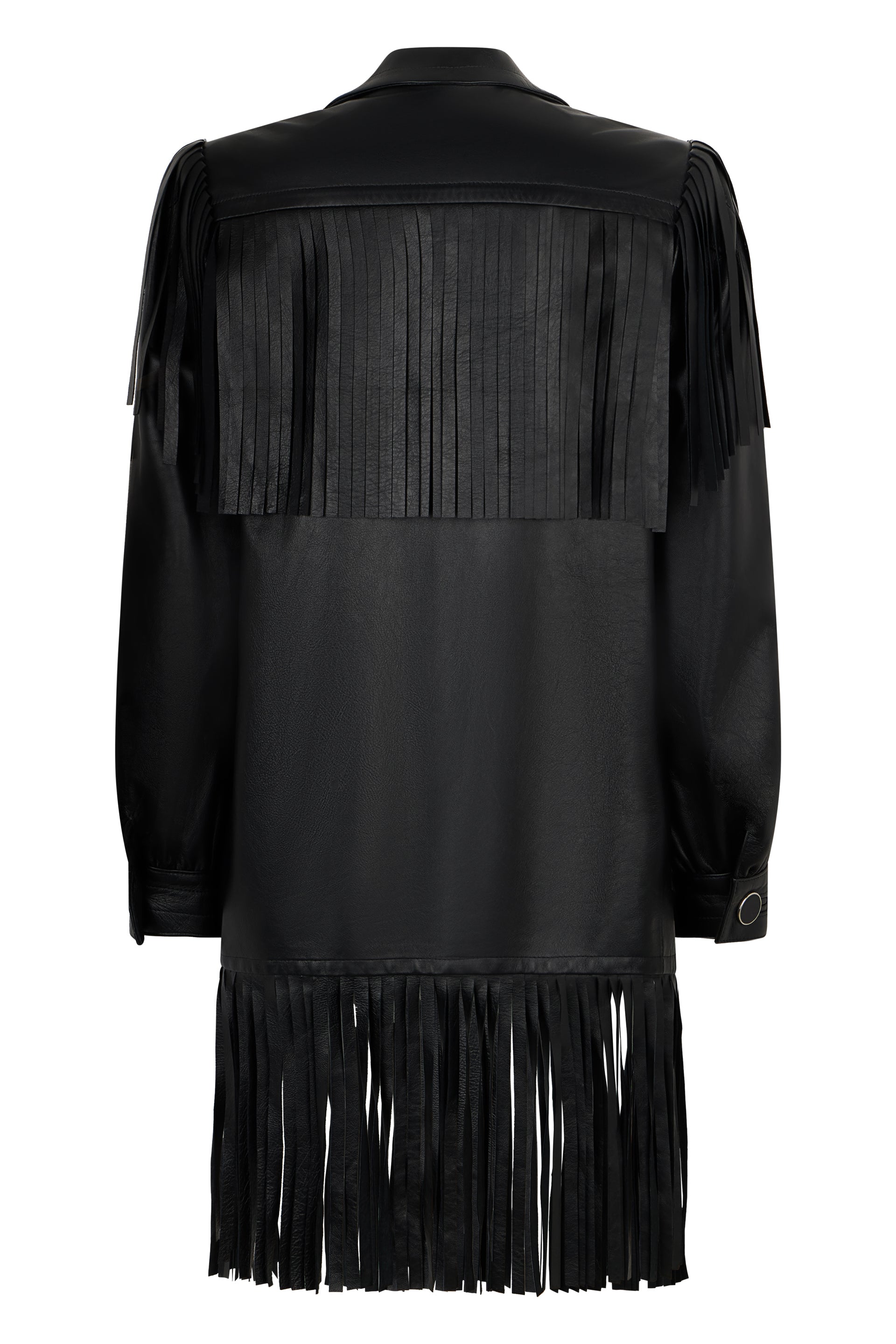 Black leather jacket with fringes, sophisticated and eye-catching.