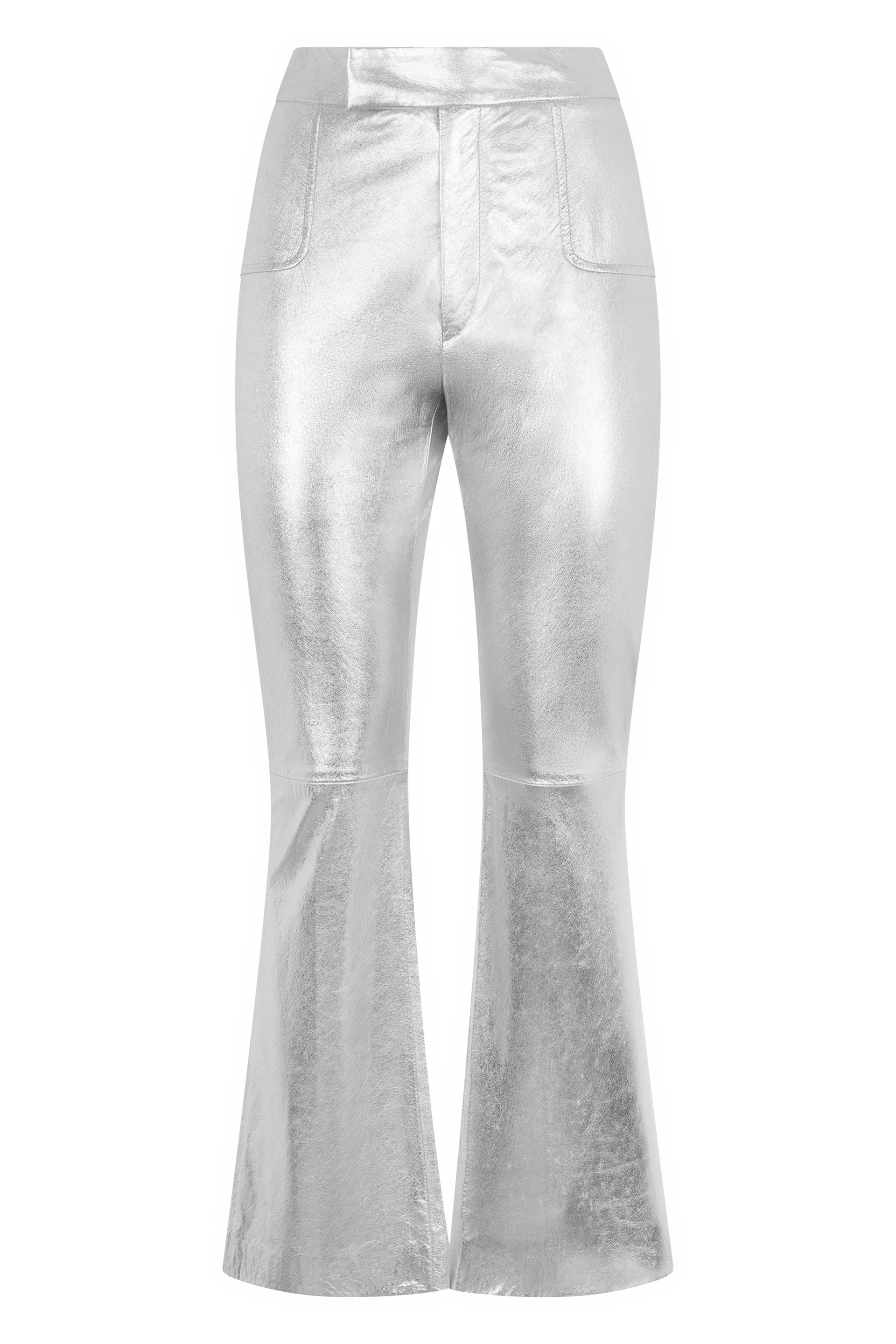 Flared pants in silver color with elegant design.