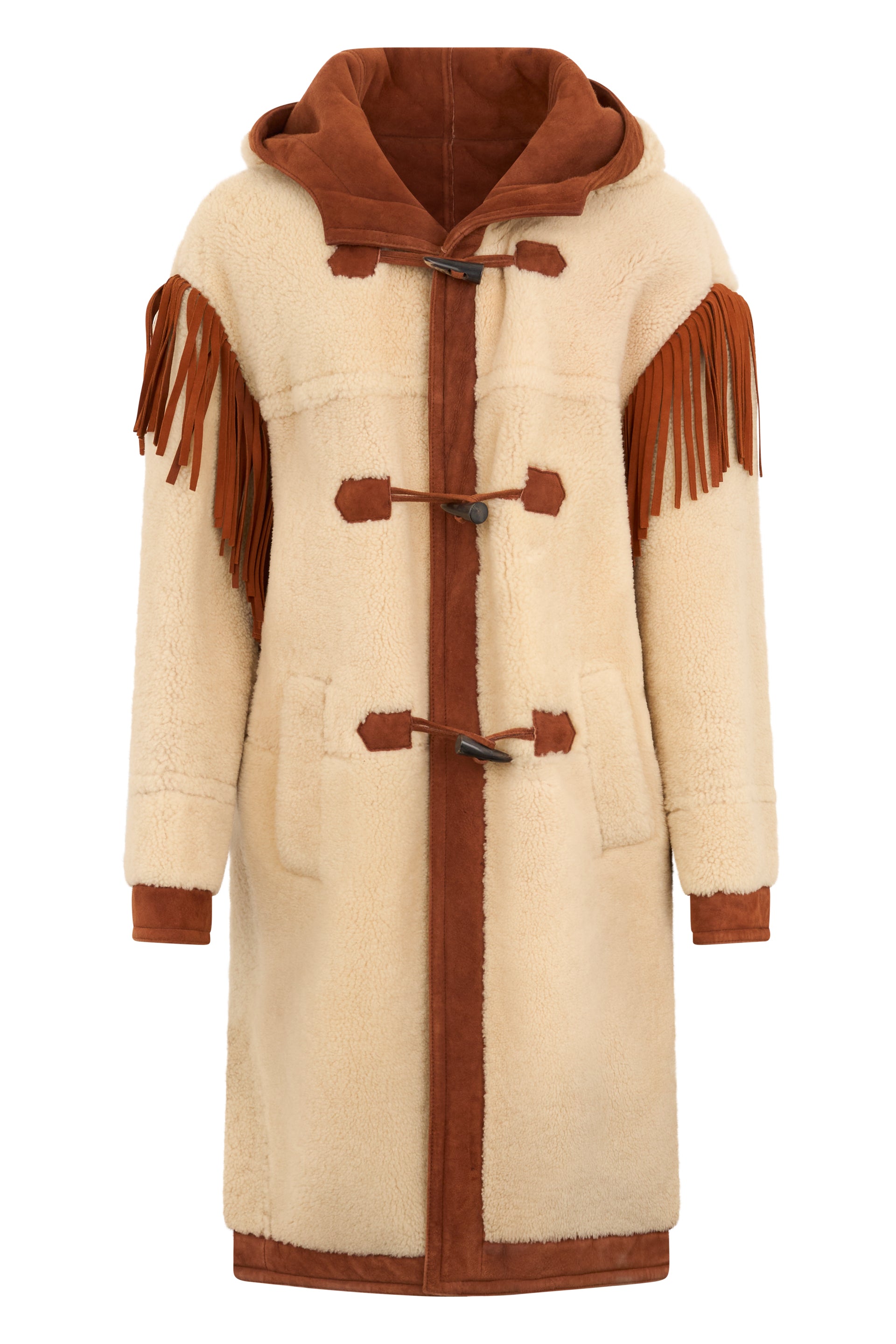 Elegant long beige coat with fringes and buttons.