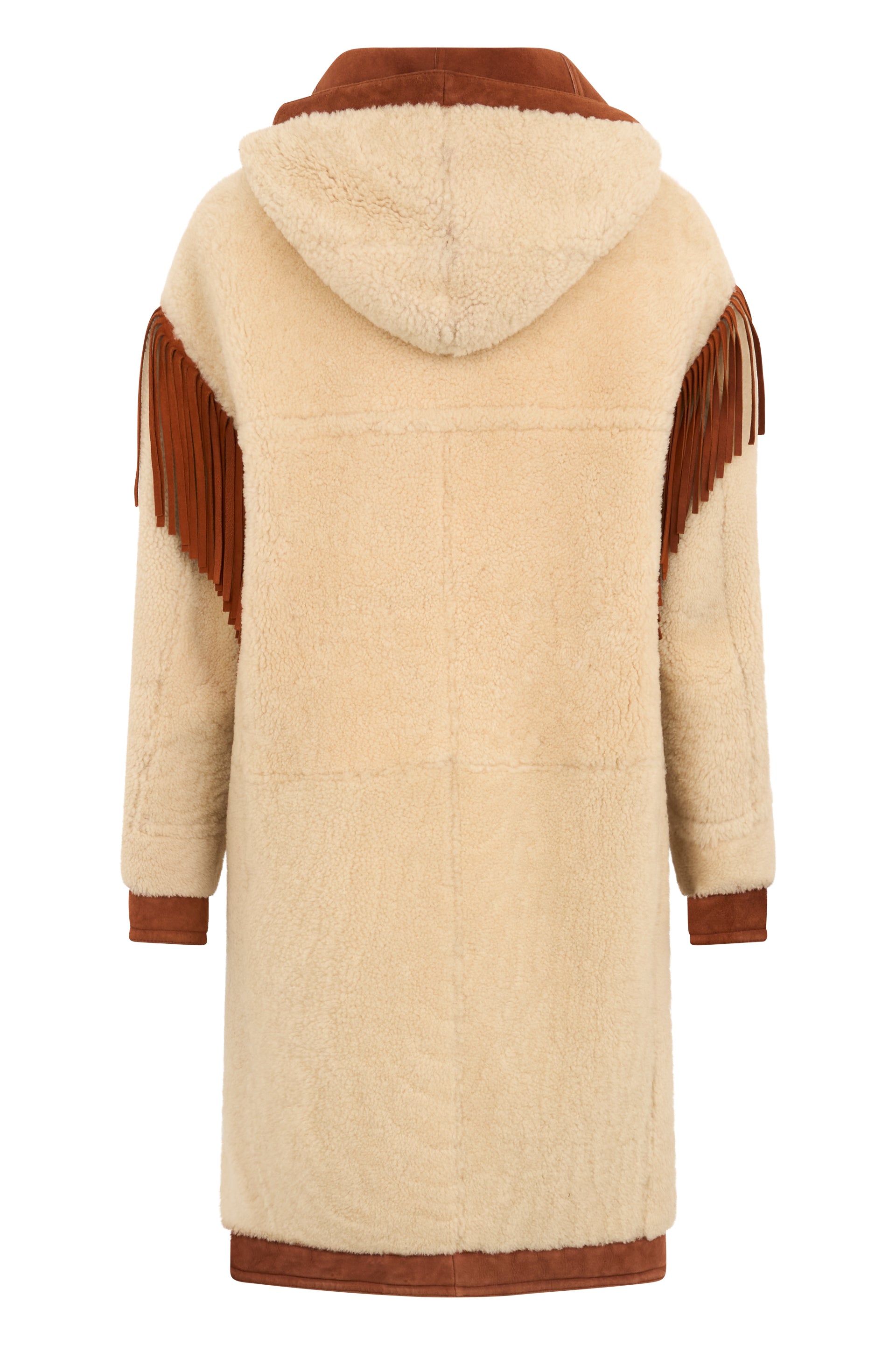 Elegant long beige coat with fringes and buttons.